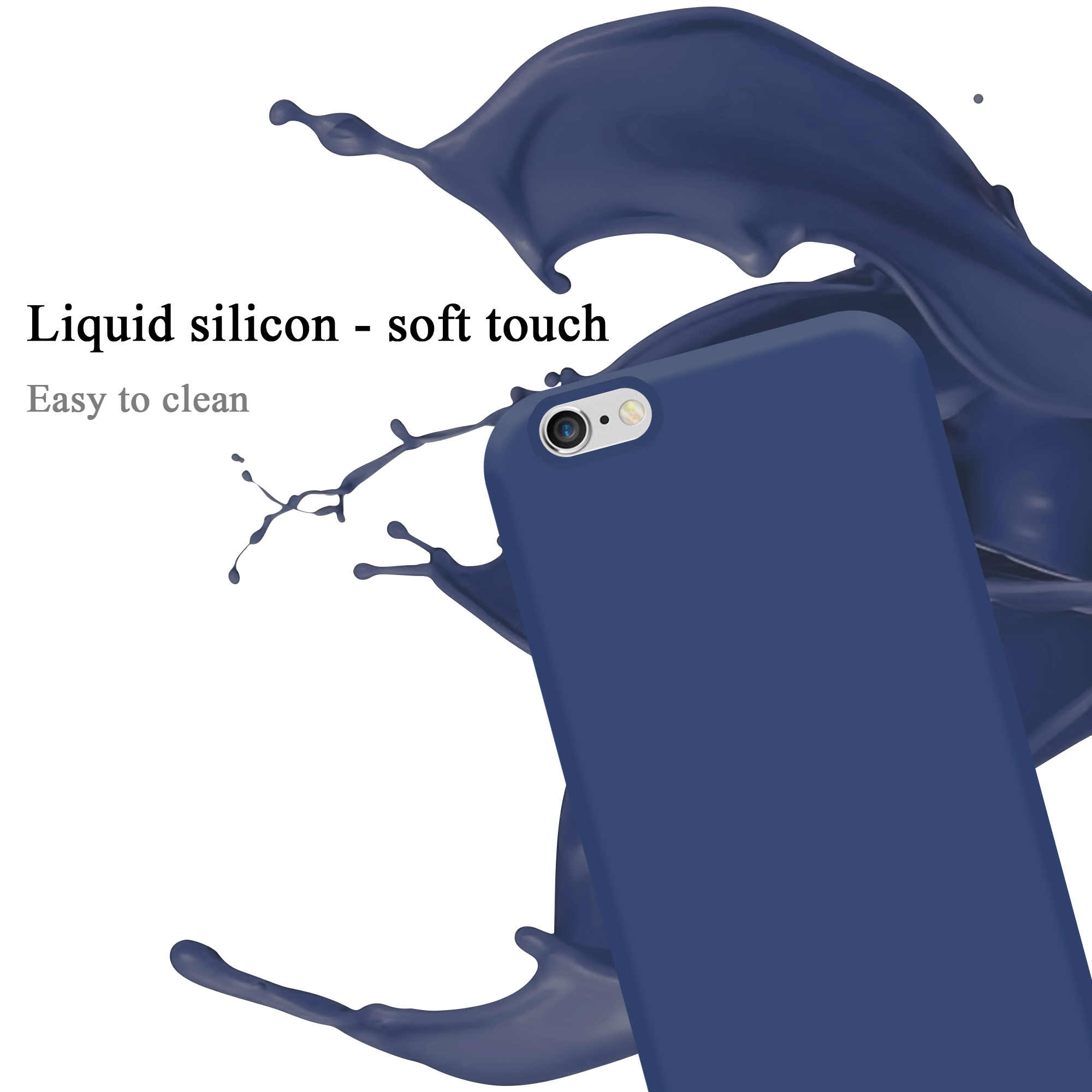 Custodia blu per telefono con effetto splash. Testi: 'Silicone liquido - soft touch', 'Facile da pulire'.