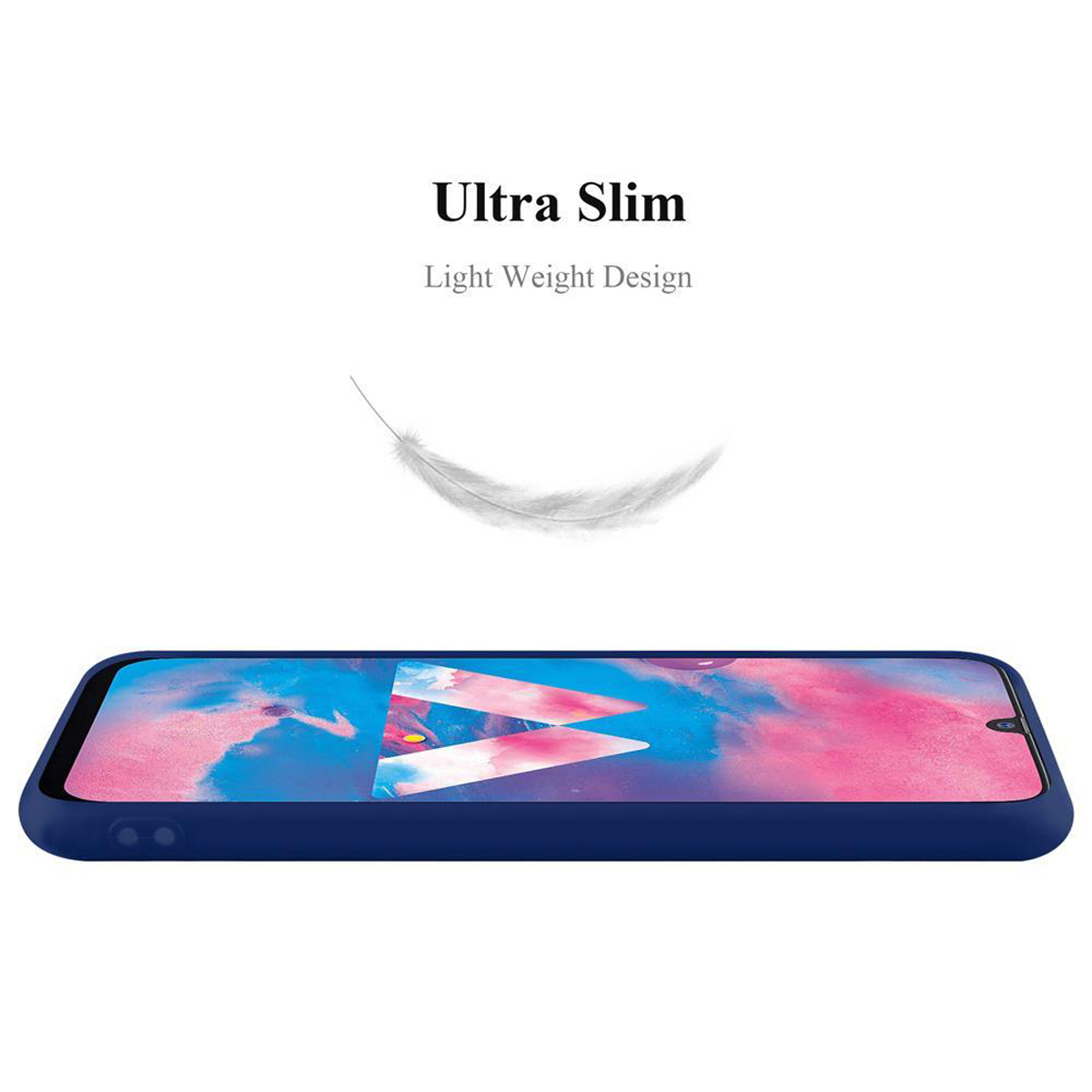 Una custodia blu per telefono con una piuma bianca che fluttua sopra. Lo sfondo è bianco.