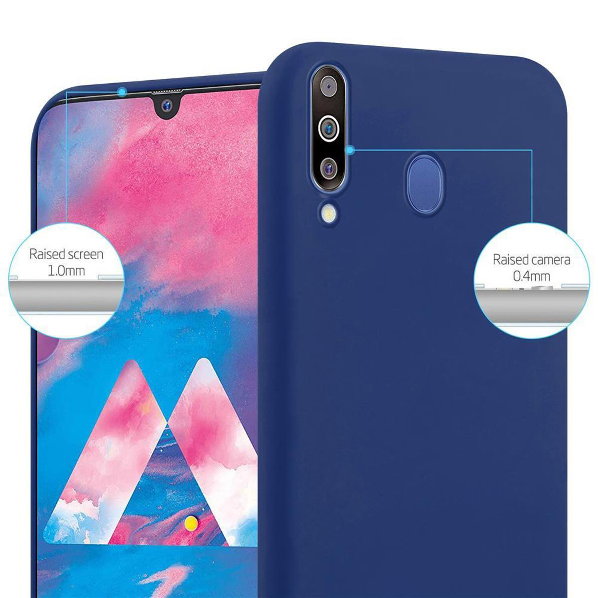 Una custodia per telefono blu. Il telefono ha un display rosa e magenta. Vengono mostrate le funzioni dello schermo e della fotocamera rialzate.