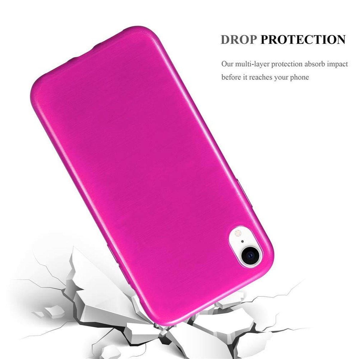 Custodia rosa che cade e rompe una superficie, testo: 'Drop Protection'.