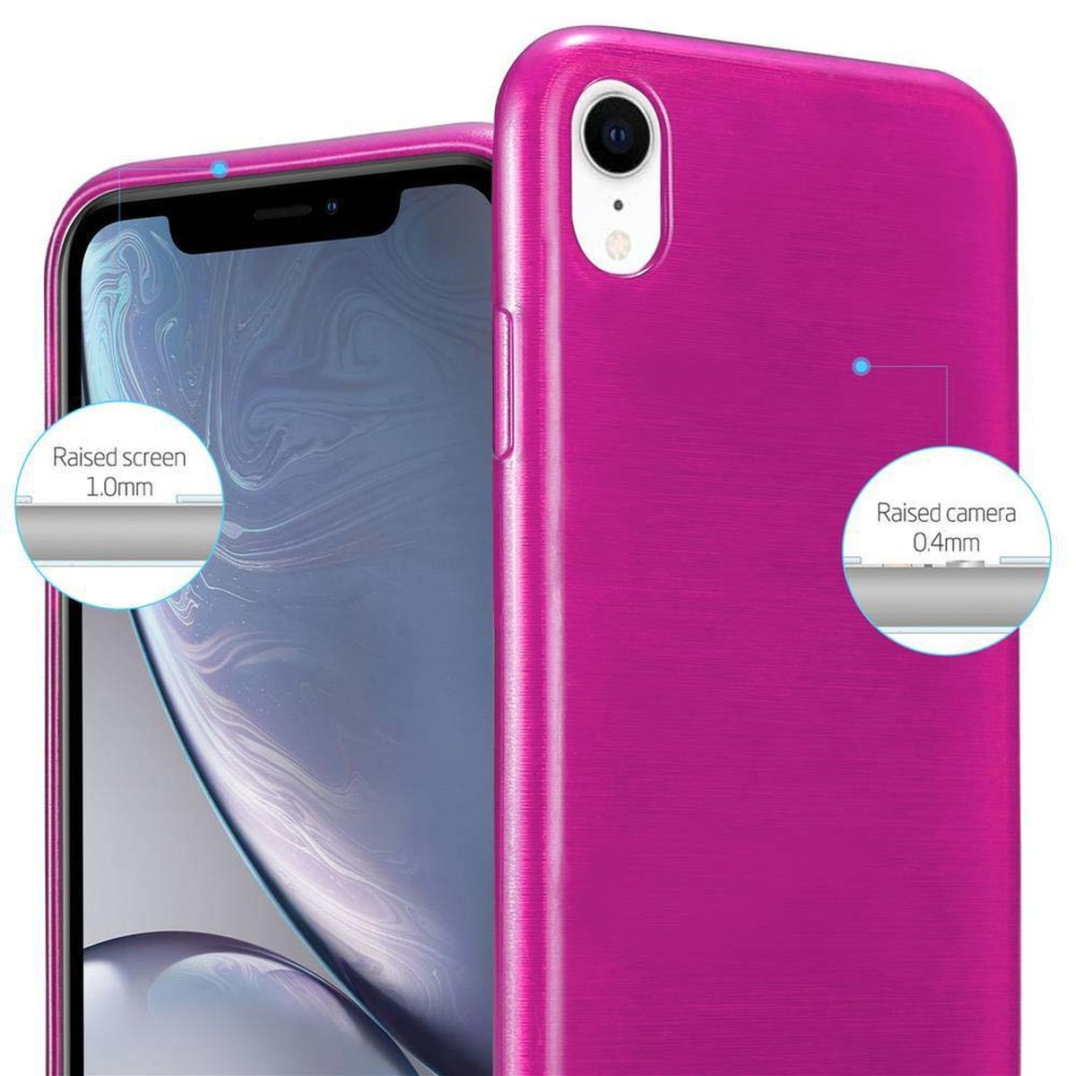 Custodia rosa per telefono su un telefono, con schermo e fotocamera rialzati, con diagrammi che mostrano le misure.