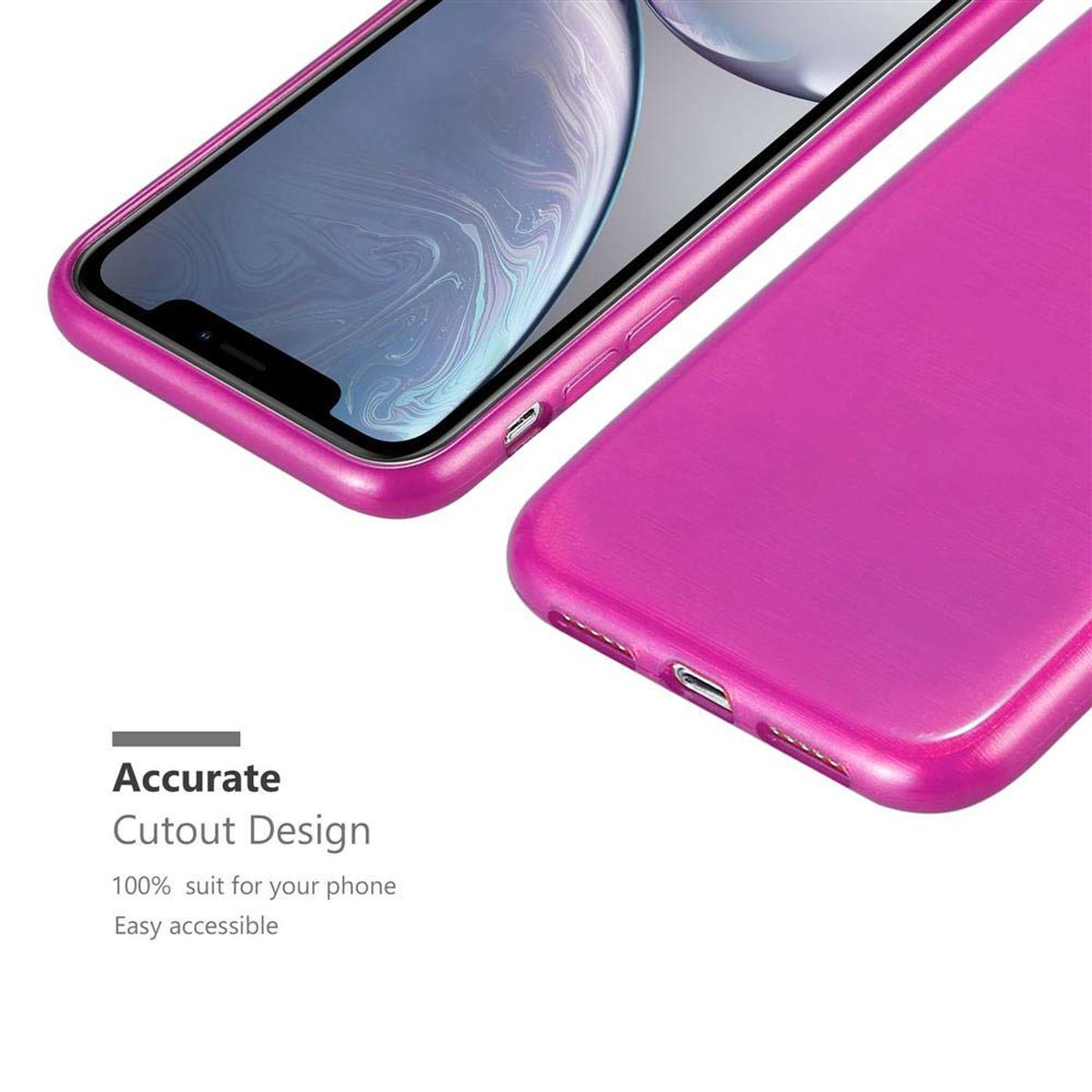 Una custodia per telefono rosa con un telefono. La custodia ha il testo Accurate Cutout Design.