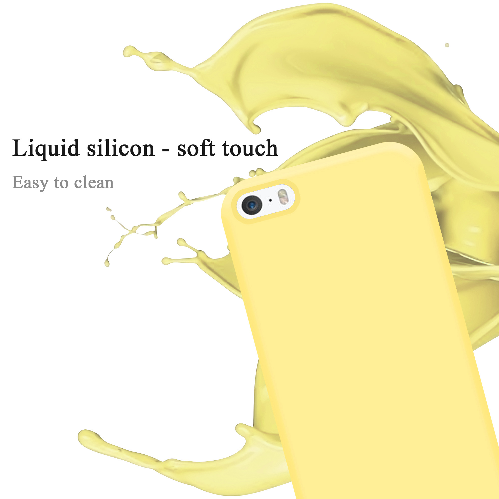 Gelbe Handyhülle mit einem Telefon darin. Ein gelber Flüssigkeitsspritzer ist im Hintergrund.