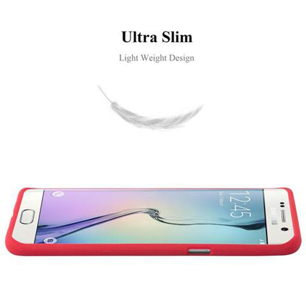 Una custodia rossa con un telefono all'interno e una piuma bianca sopra. Il testo recita 'Ultra Slim'.