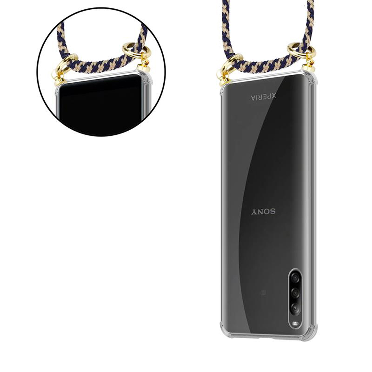 Un telefono in una custodia trasparente con un cordino oro e nero. Il marchio 'SONY' è visibile.