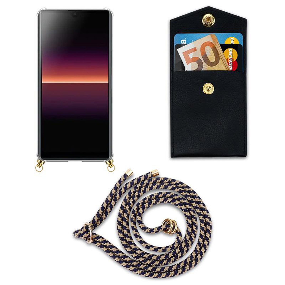 Telefono, portafoglio nero e cinturino in corda blu e beige.