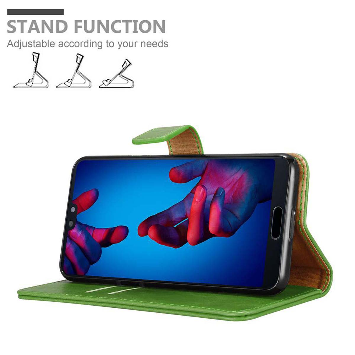 Una custodia verde per telefono con un telefono all'interno. La funzione stand è disponibile. Lo schermo del telefono mostra un'immagine colorata.