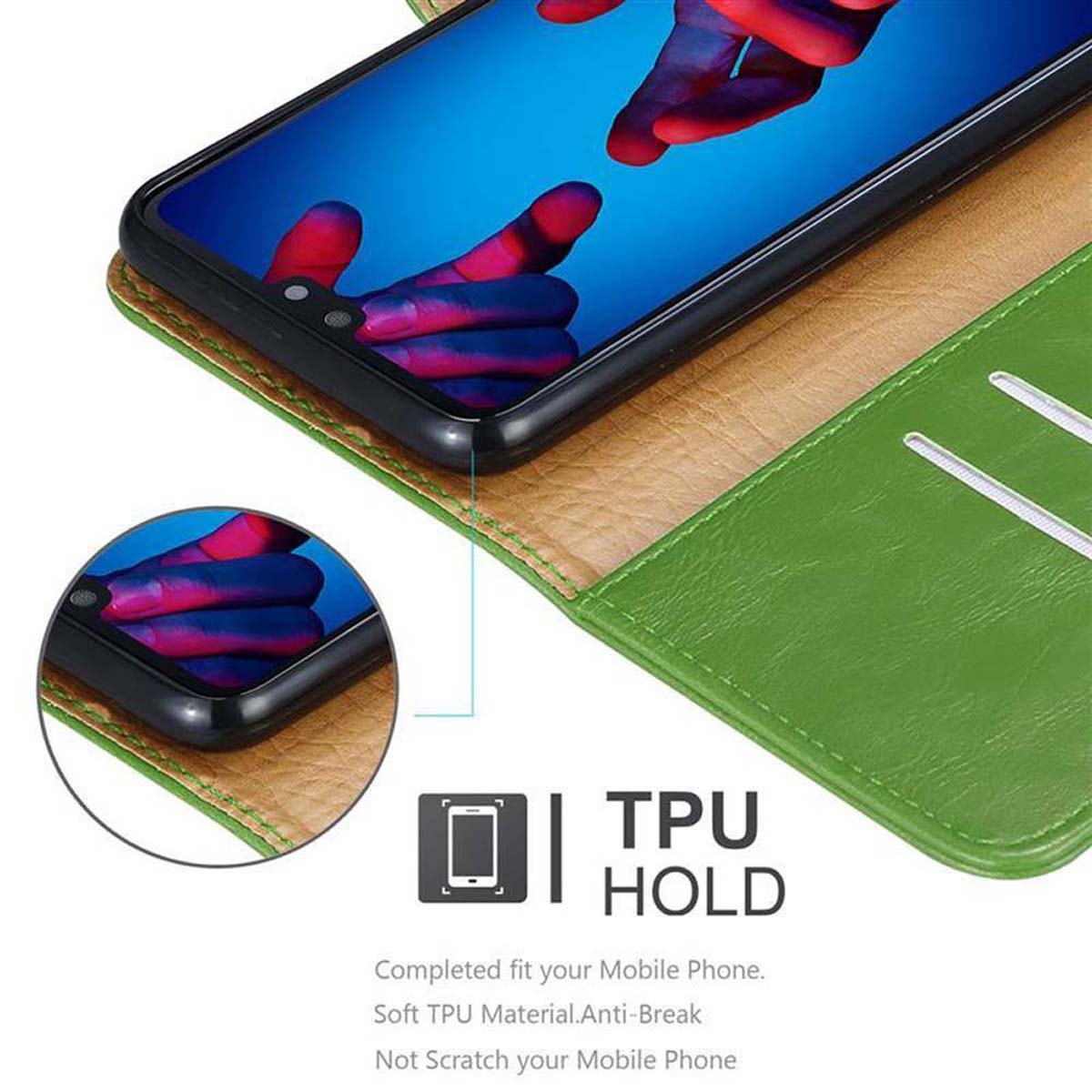 Custodia per telefono con supporto TPU, che mostra uno schermo del telefono, interno verde.