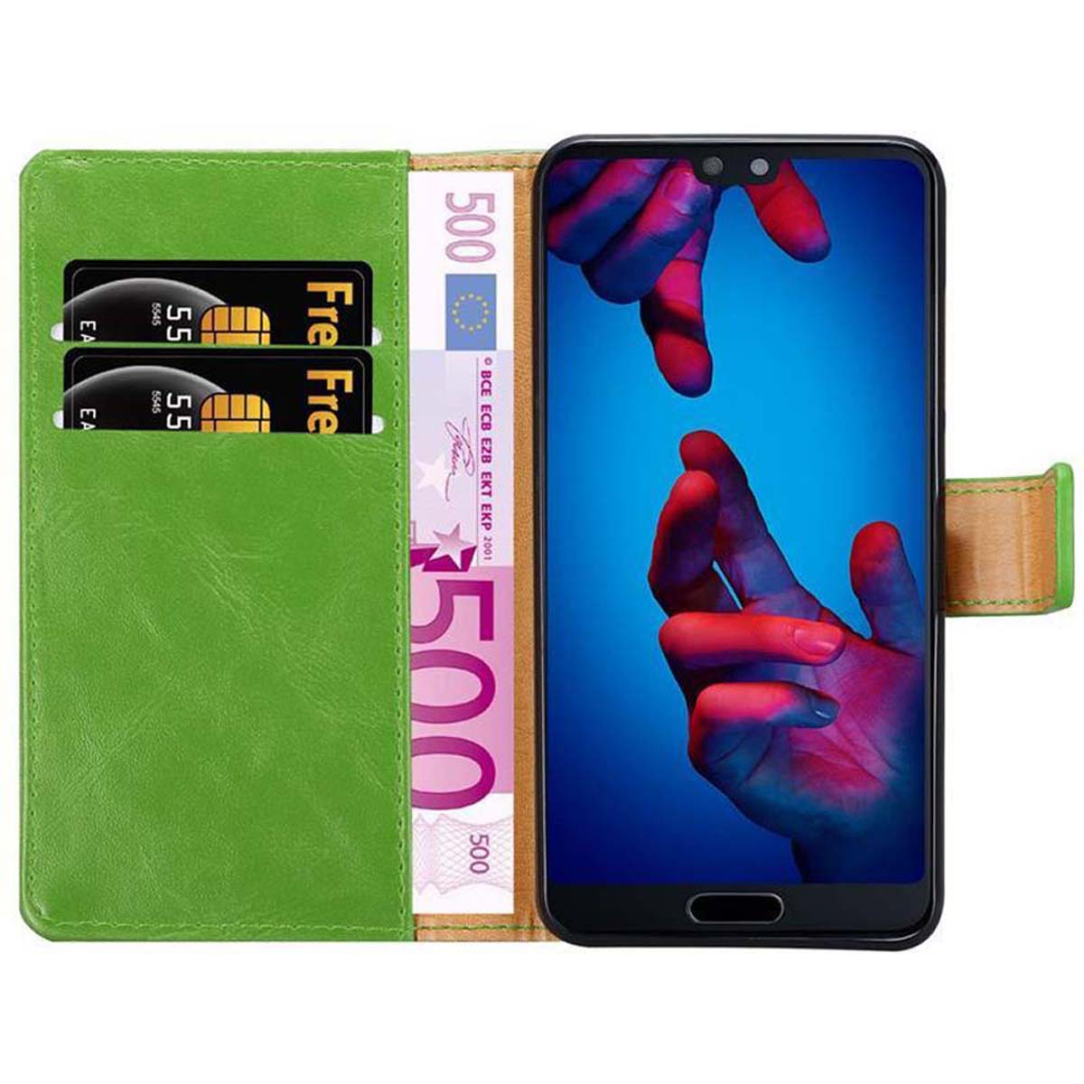 Telefono in custodia a portafoglio con carte e denaro. Custodia verde, testo: 500.