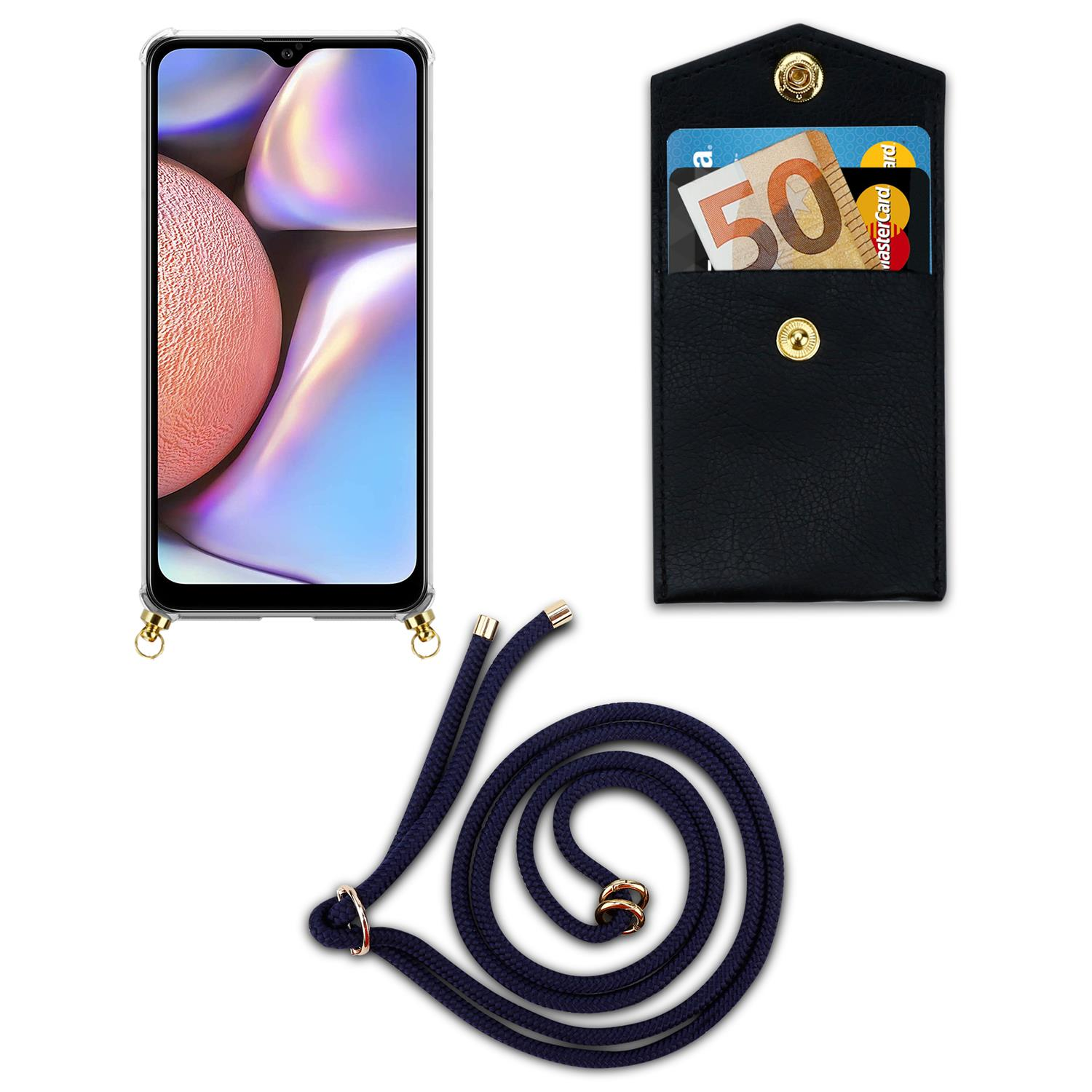 CADORABO Handy Kette Ringen, A10s Galaxy mit M01s, Kordel Gold Band BLAU Samsung, und Backcover, / Hülle, TIEF abnehmbarer