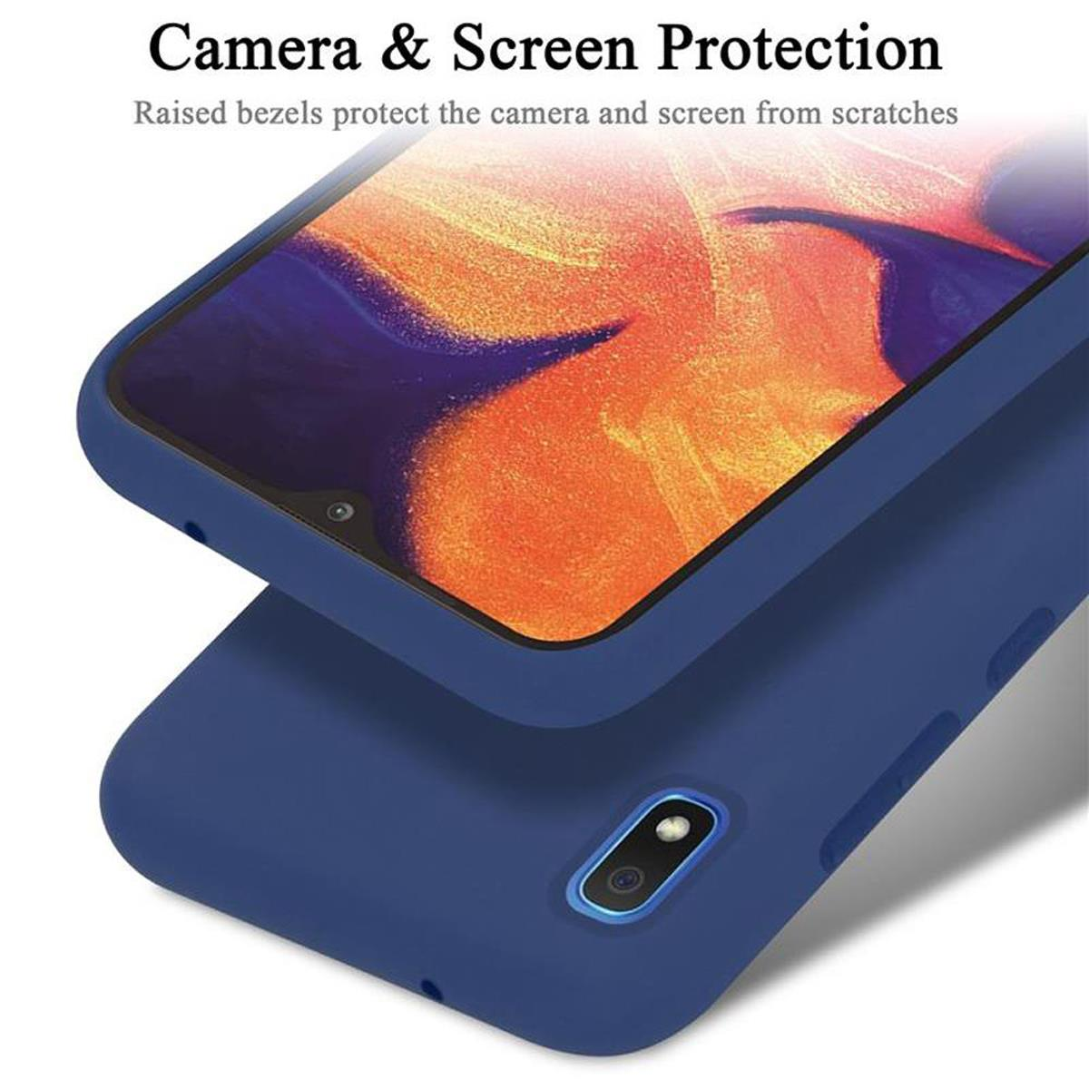 Blaue Handyhülle mit Telefon. Text: Kamera- und Bildschirmschutz.