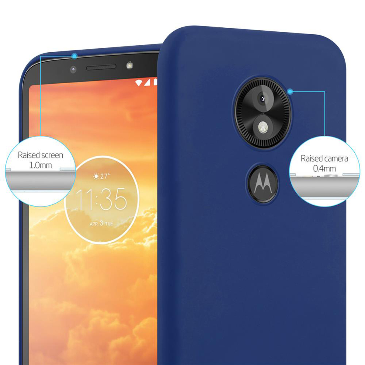 Primo piano di una custodia blu per telefono. Schermo e fotocamera rialzati evidenziati.