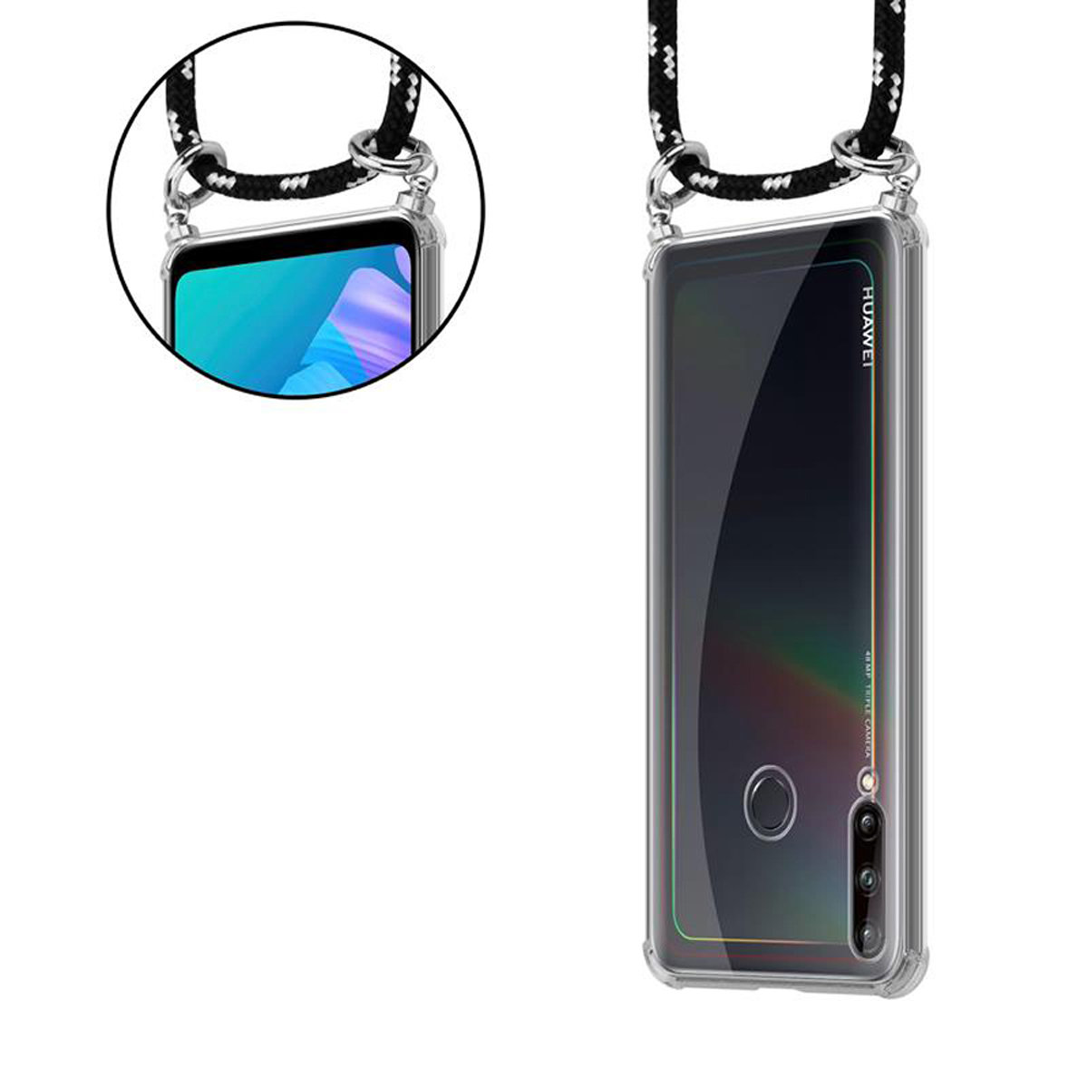 CADORABO Handy Kette mit Silber Backcover, Kordel Ringen, abnehmbarer und Hülle, E, Band LITE Huawei, SILBER SCHWARZ P40