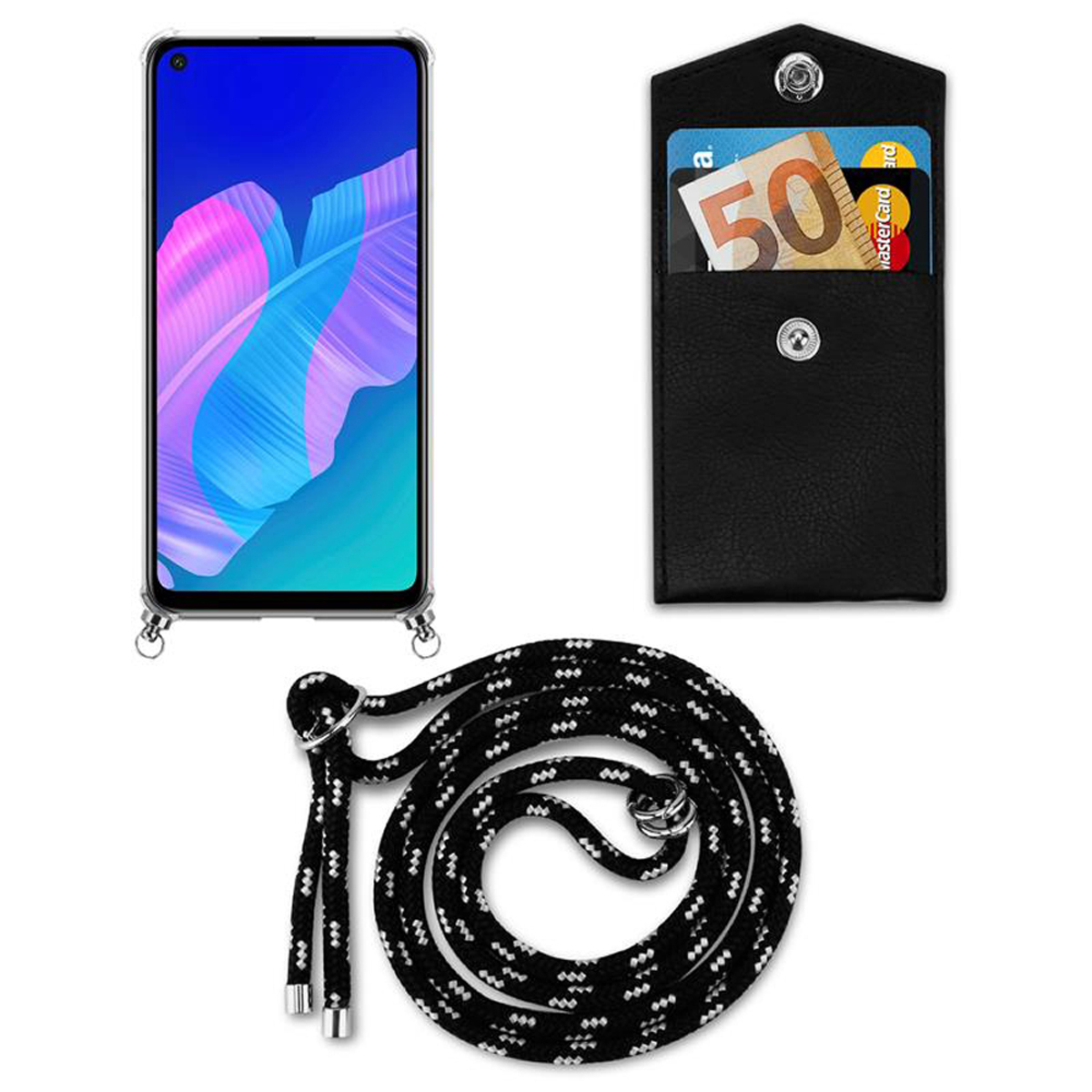 LITE abnehmbarer Backcover, mit Ringen, und Kordel Band Kette P40 Huawei, Handy Hülle, E, Silber SILBER CADORABO SCHWARZ