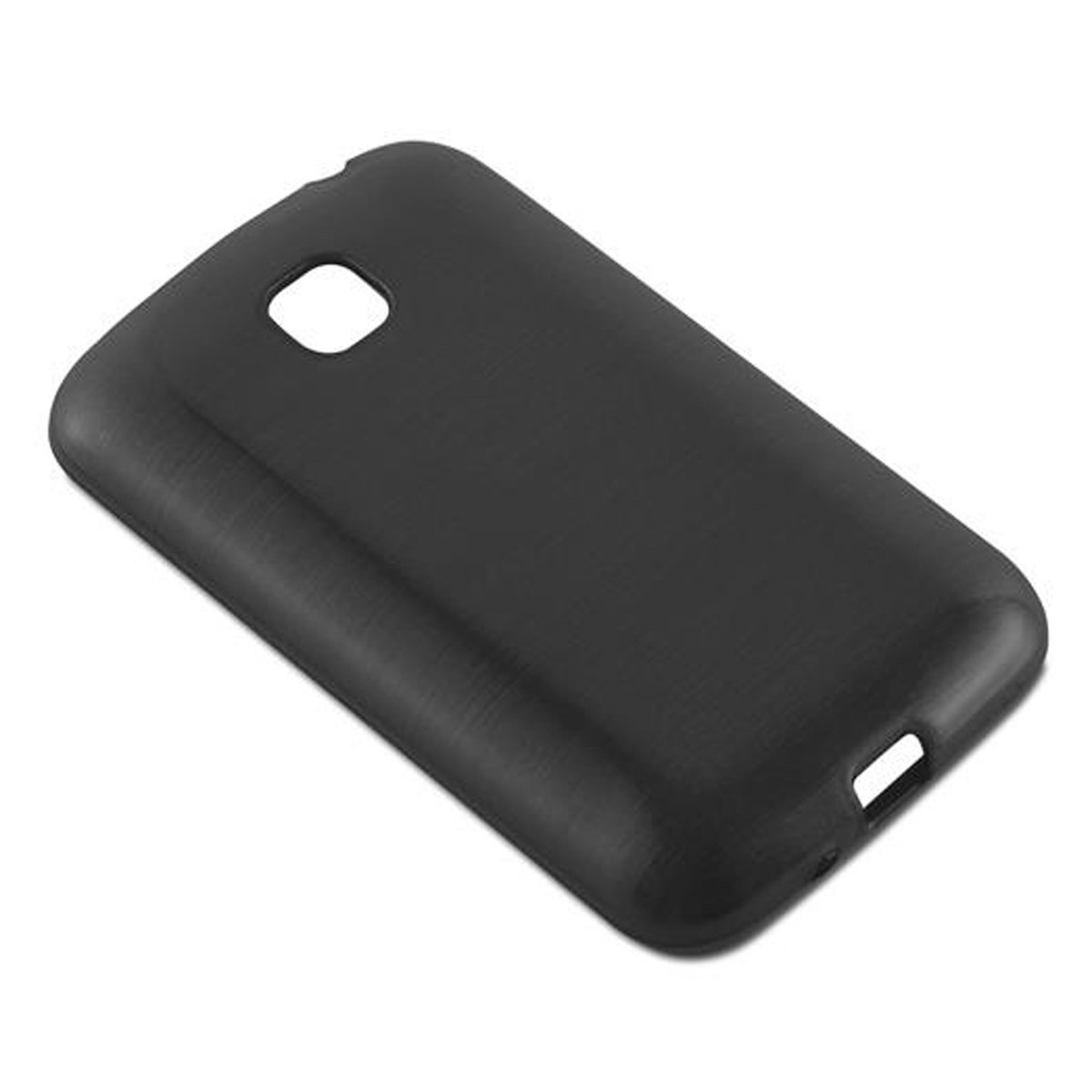 Una custodia nera per telefono su sfondo bianco. È una custodia semplice con un'apertura per la fotocamera.
