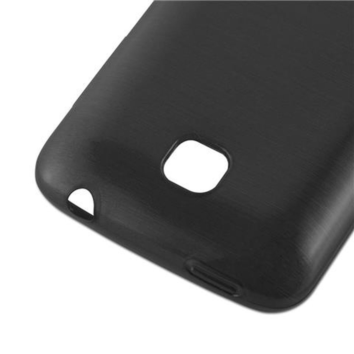 Primo piano di una custodia nera per telefono. Ha ritagli per fotocamera, altoparlante e caricabatterie.