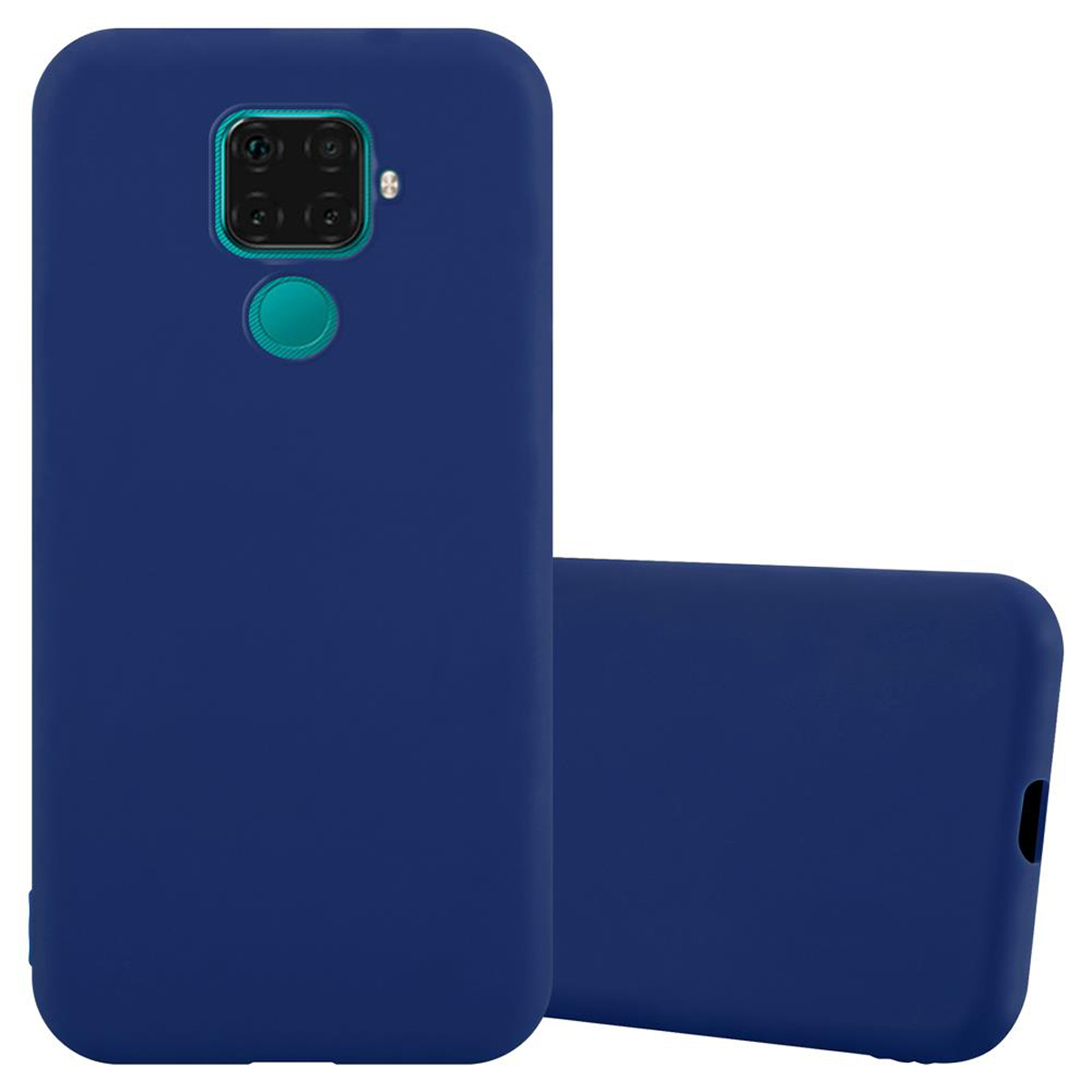 Due custodie per telefono blu scuro. Una inclinata, l'altra piatta. Sfondo bianco.