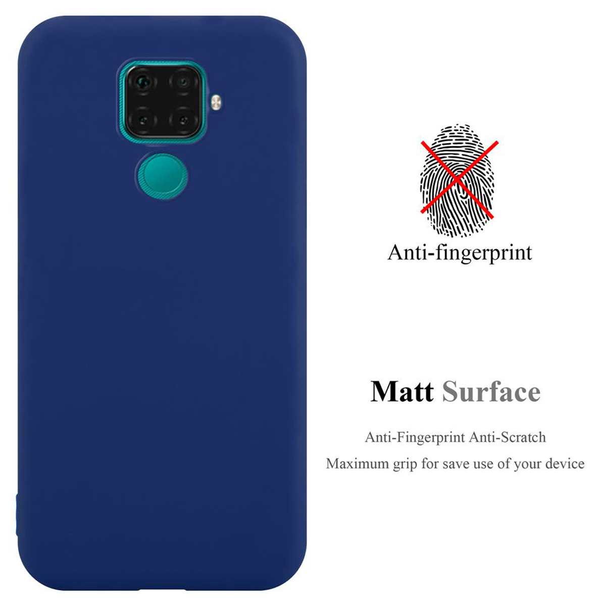 Custodia blu per telefono con testo anti-impronta e superficie opaca. Viene mostrata un'impronta digitale con una croce.