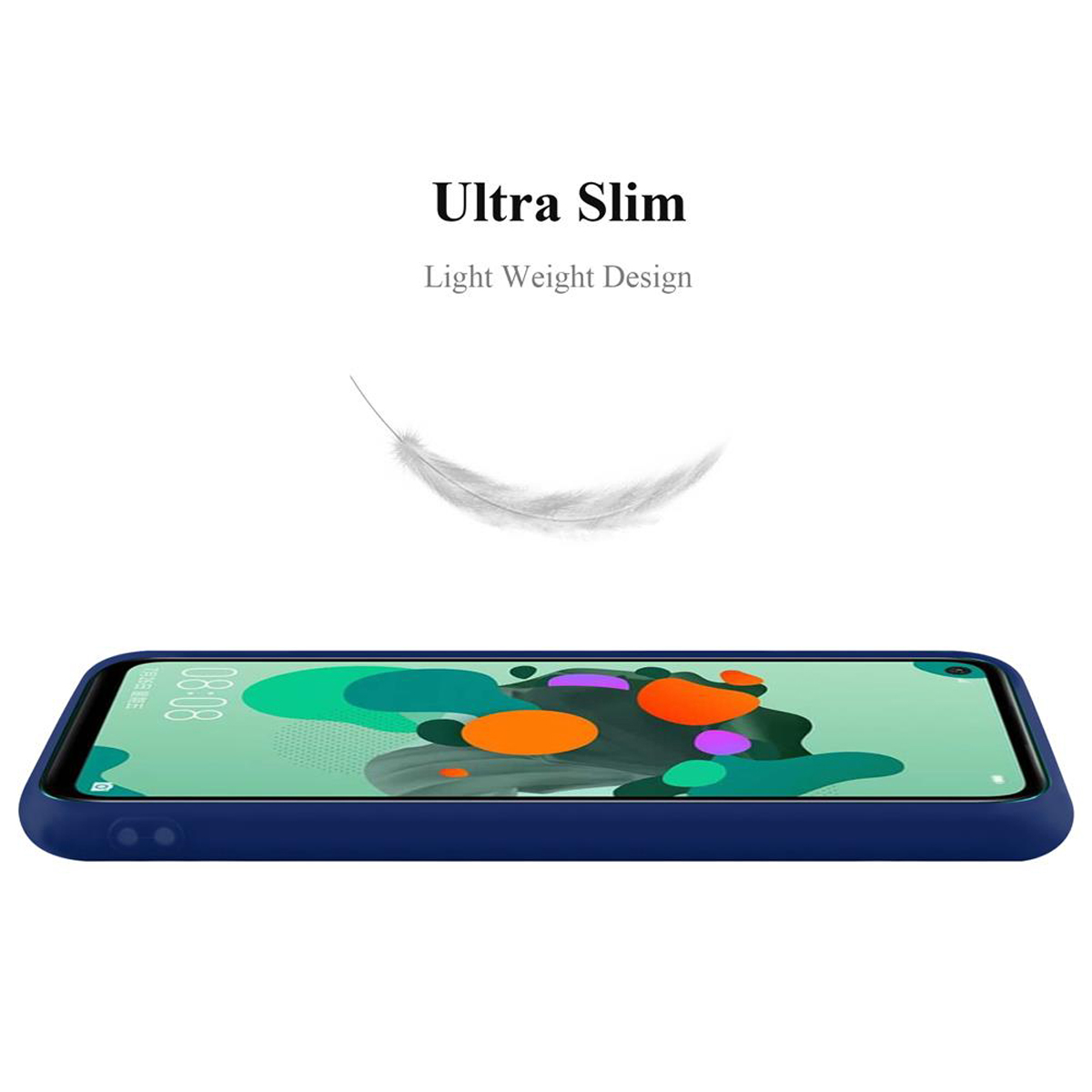 Una custodia per telefono blu scuro con uno schermo del telefono viene visualizzata. Una piuma bianca fluttua sopra la custodia.