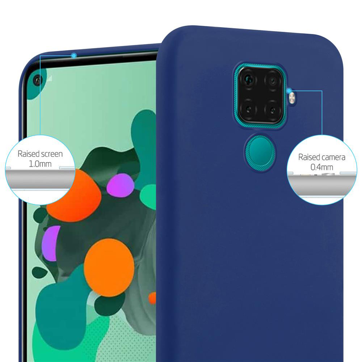 Un telefono in una custodia blu con un evidenziatore rosso per fotocamera e schermo. Il telefono è blu.