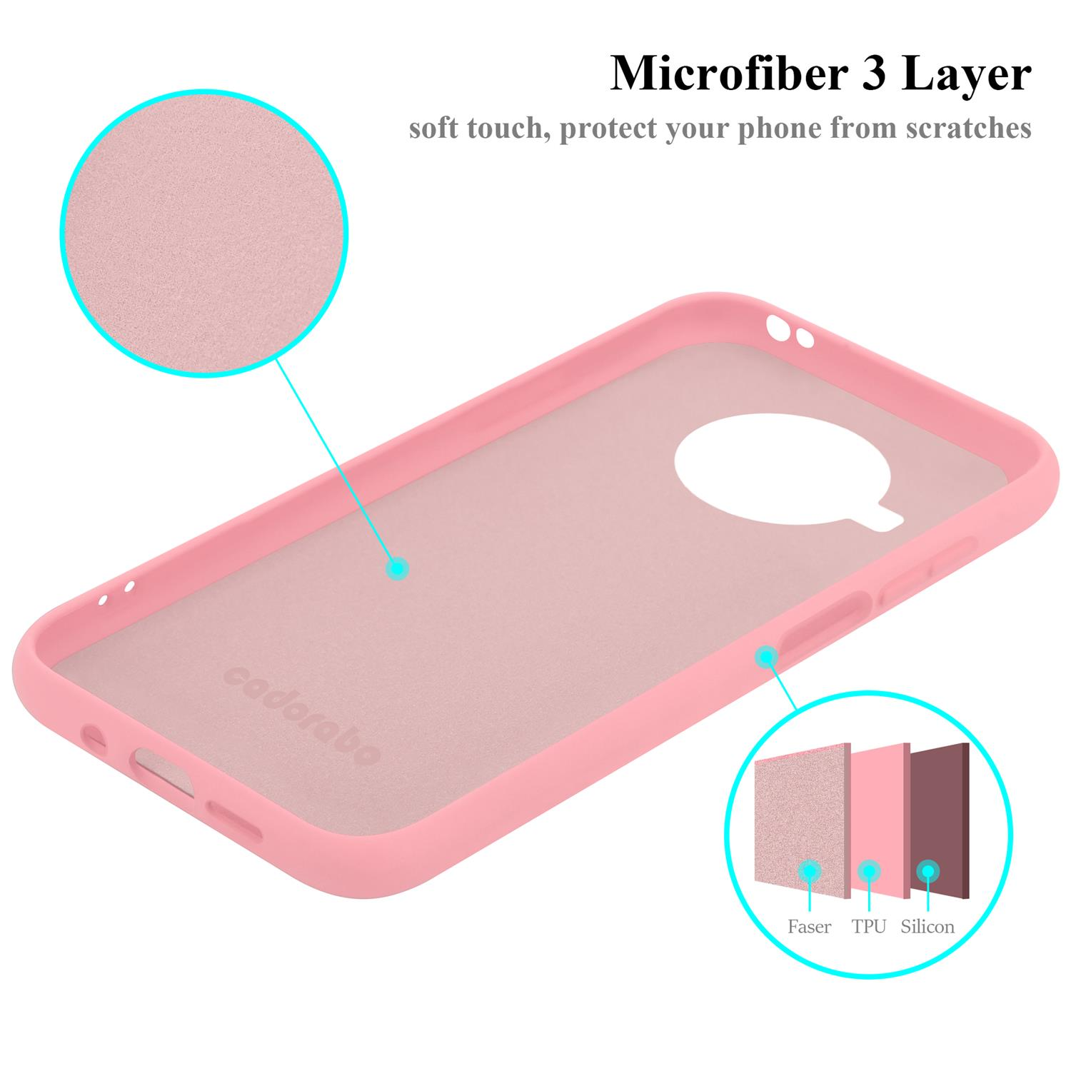 Rosa Handyhülle mit Telefon. Die Hülle ist ein Mikrofaser 3-Schicht-Design.