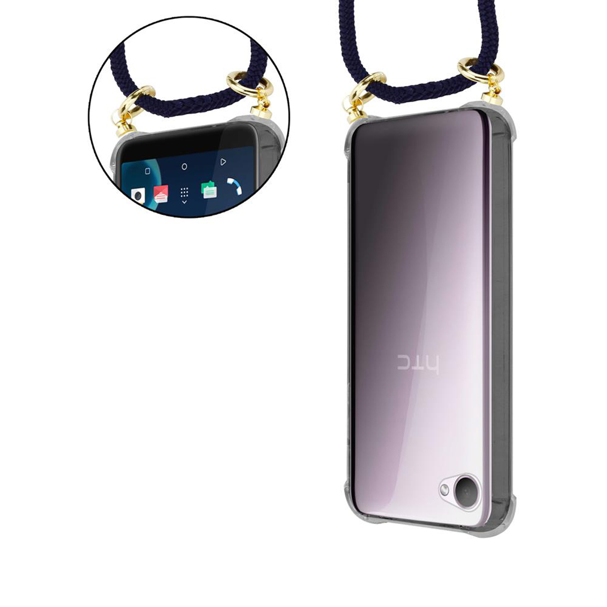 Telefon in Hülle mit Lanyard, Nahaufnahme. Eine graue Handyhülle mit dunkelblauem Lanyard.