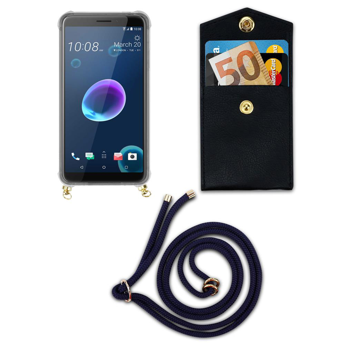 Ein Telefon, ein schwarzer Kartenhalter mit Geld und ein blaues Schlüsselband auf weißem Hintergrund.