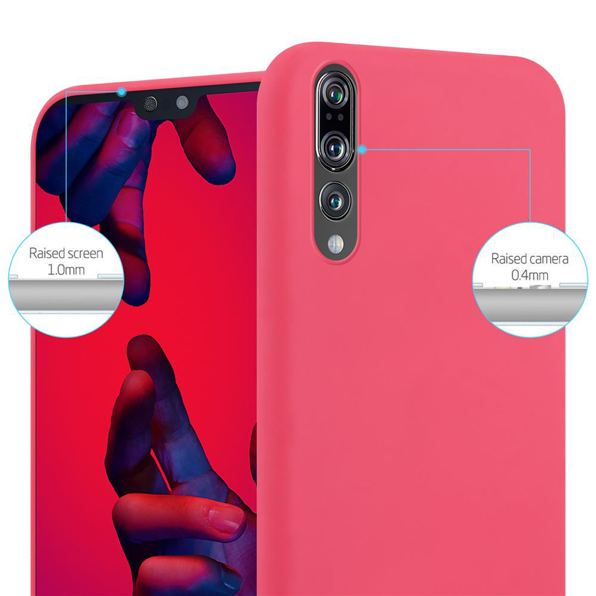 Primo piano di una custodia rosa per telefono che mostra schermo e fotocamera rialzati. Il testo indica le misure.