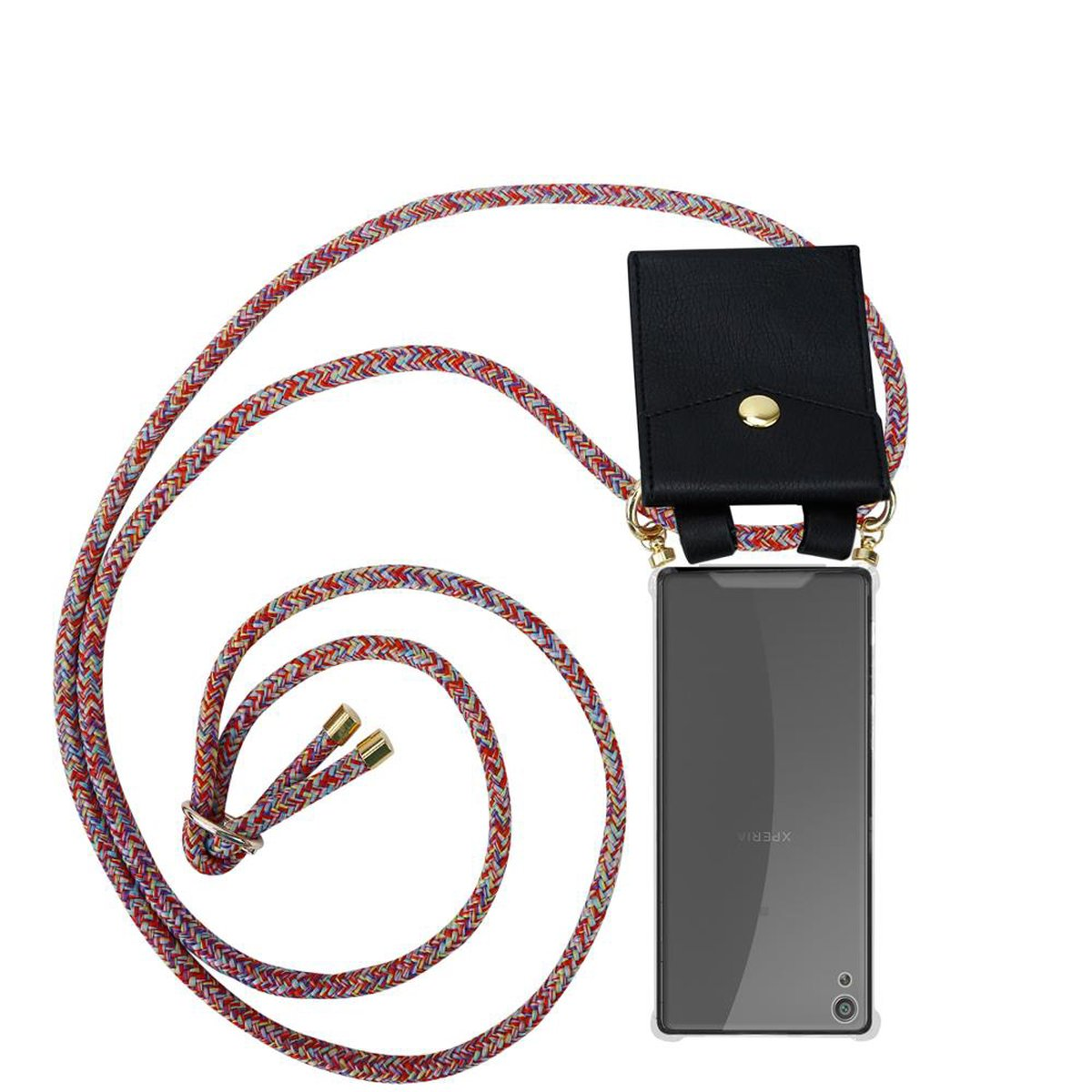 Eine Handyhülle mit mehrfarbigem Lanyard und schwarzem Lederetui.