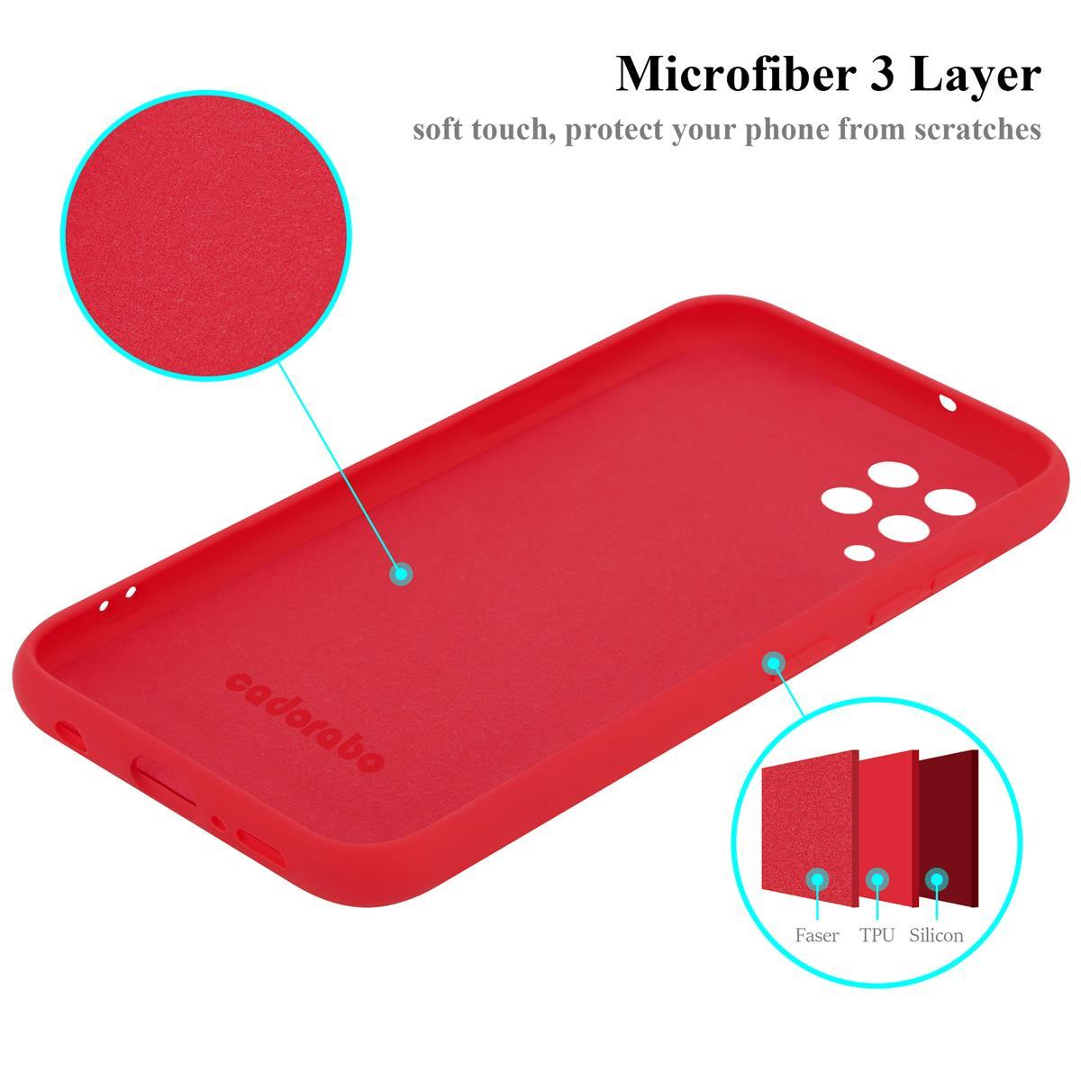 Rote Handyhülleninnenseite. Schichten angegeben. Rote Hülle. Weißer Hintergrund. Text: Microfaser 3 Schicht.
