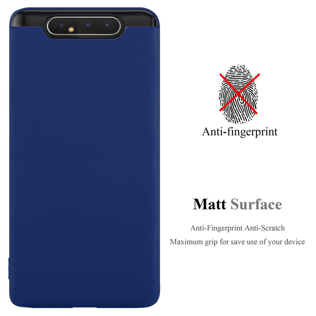 Eine dunkelblaue Handyhülle mit schwarzem Oberteil und Anti-Fingerabdruck-Symbol. Text lautet 'Matt Surface'.
