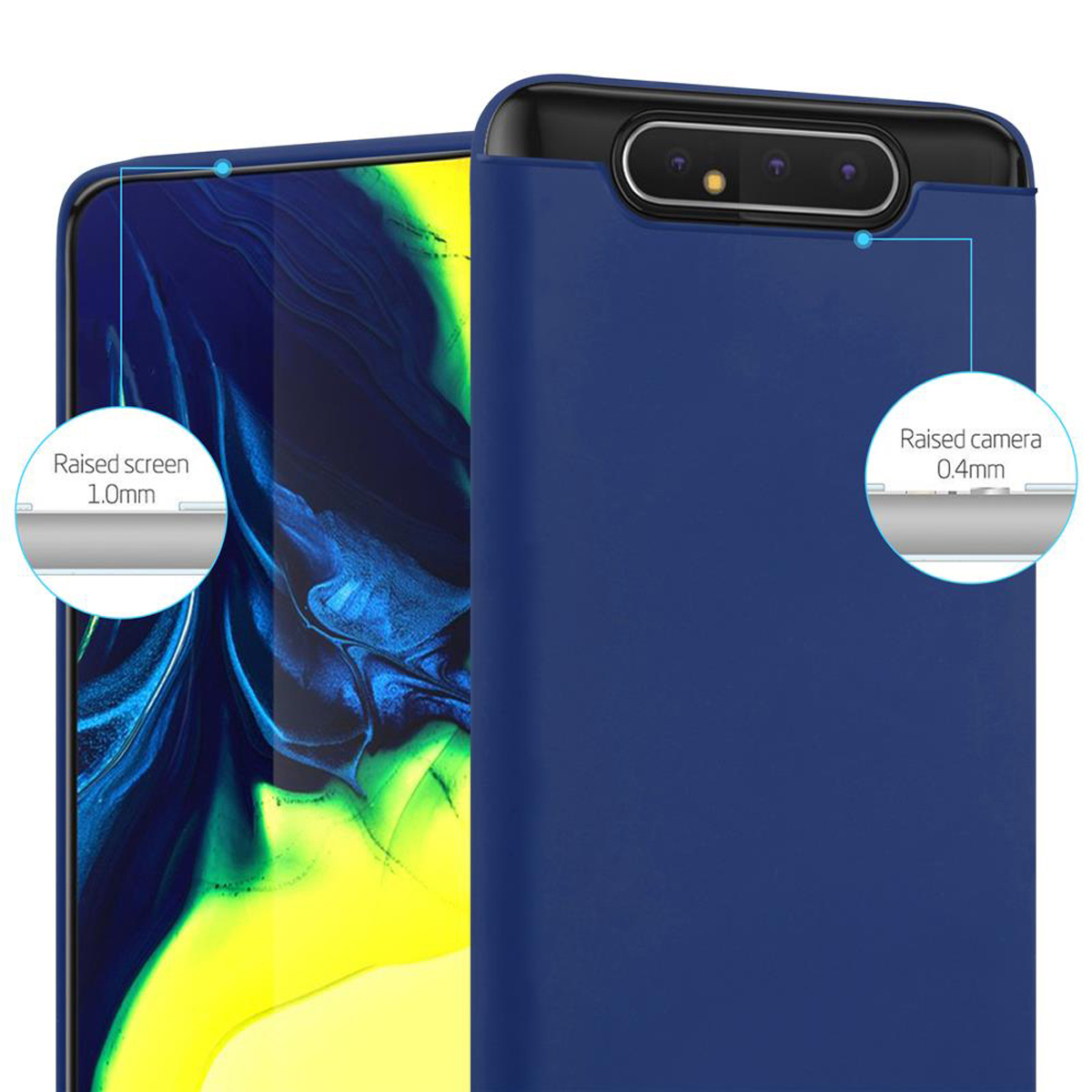 Blaue Handyhülle auf einem Telefon. Zeigt erhöhten Bildschirm- und Kameraschutz.