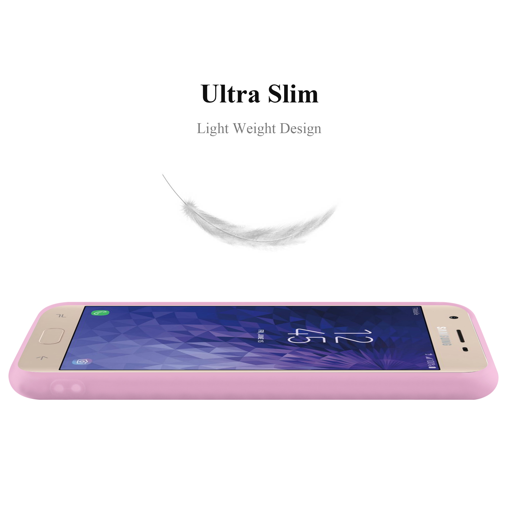 Una custodia rosa per telefono di lato, con un'illustrazione di una piuma.