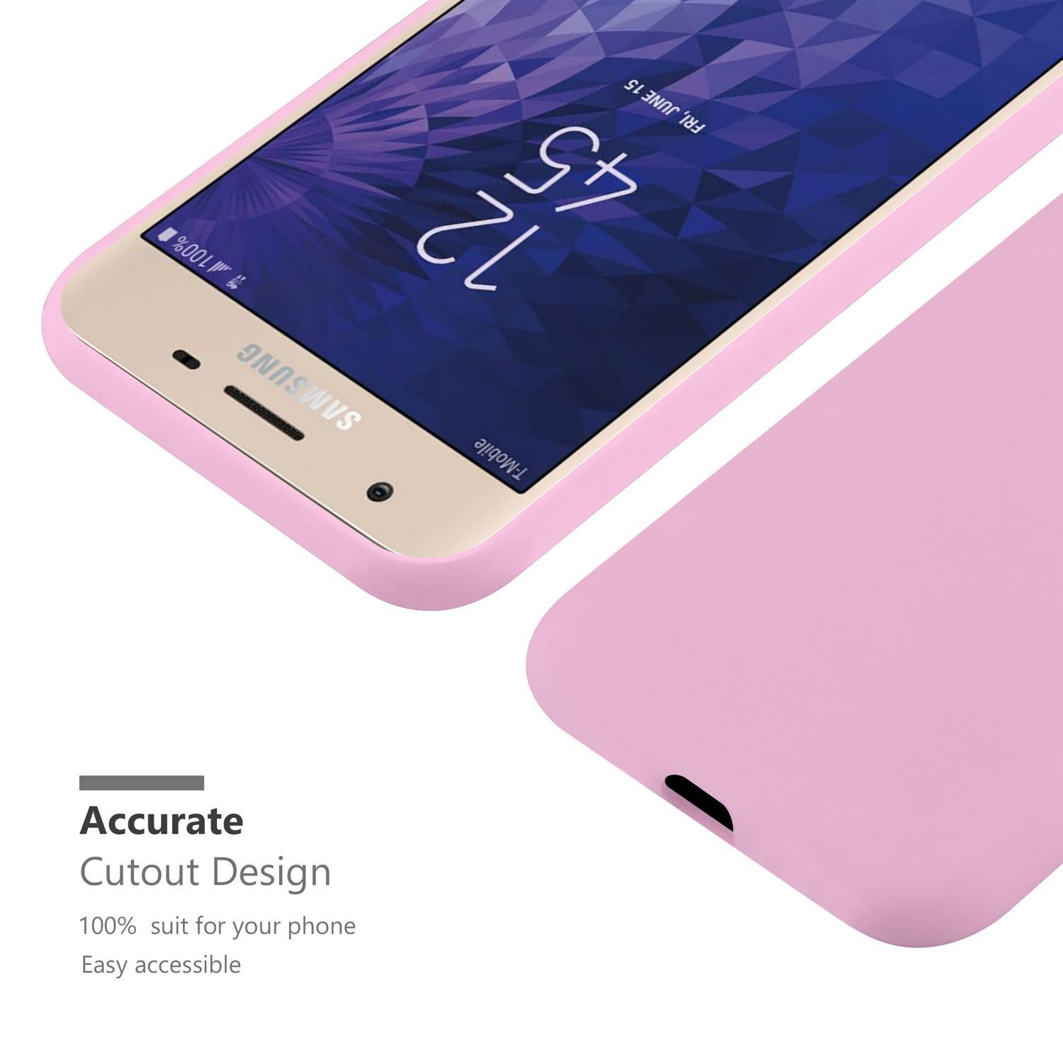 Custodia per telefono rosa. Schermo del telefono acceso. Il testo in basso dice Design con ritaglio preciso. Sfondo bianco.