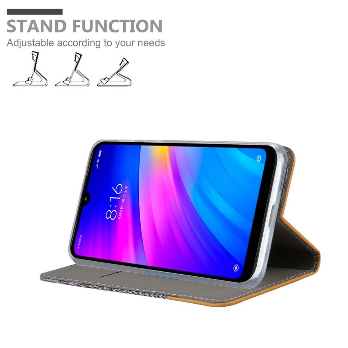 Telefon in einer braunen Hülle, als Ständer aufgestellt. Text: Standfunktion, einstellbar.