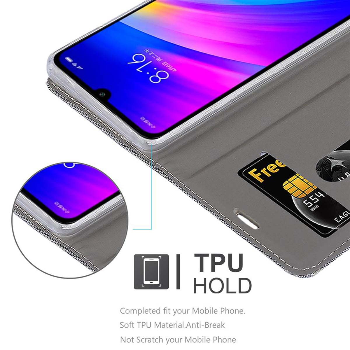 Telefon in grauem Gehäuse, Bildschirm an. Karte mit 'Free'-Text und Zahlen. TPU HOLD-Text unten.