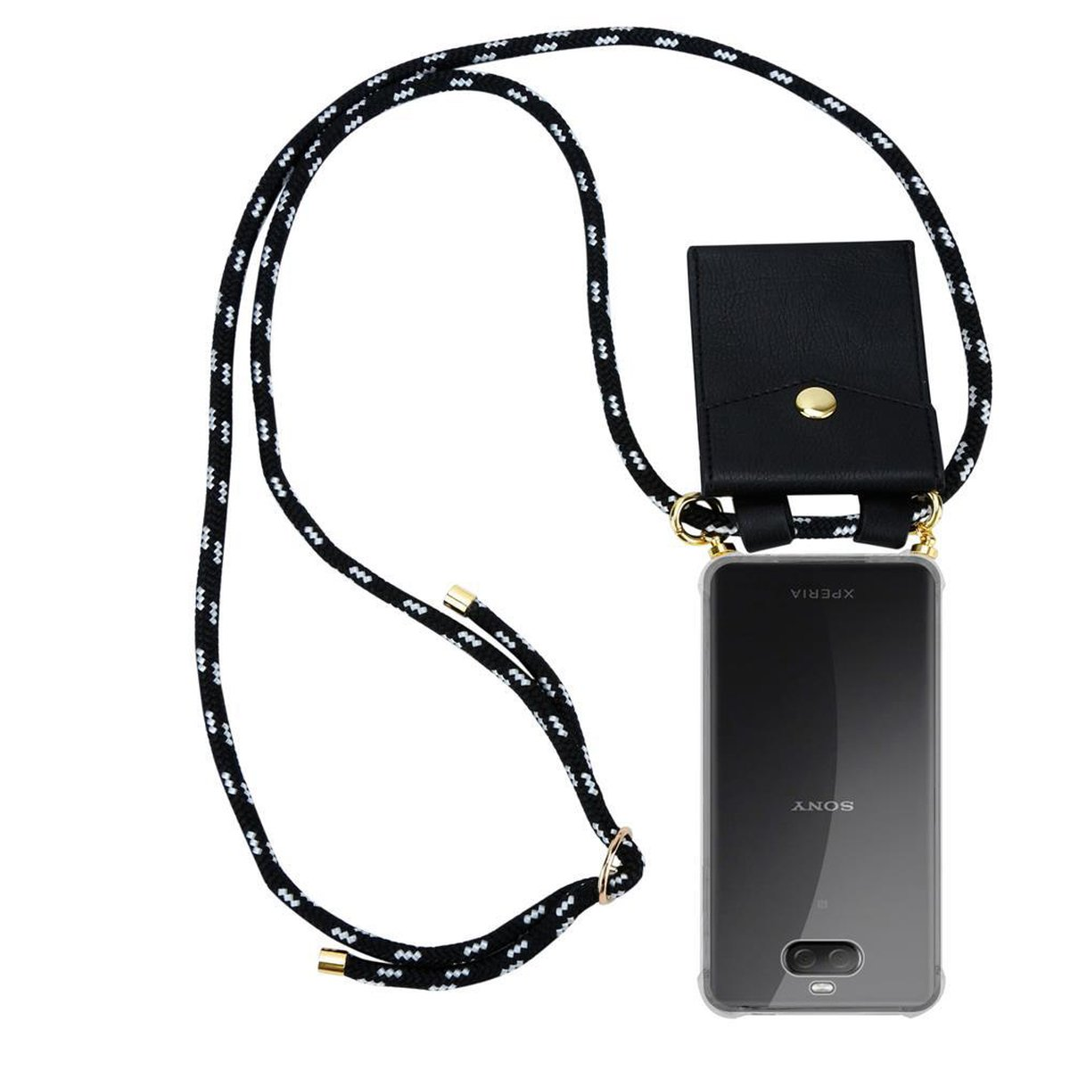 Schwarz-weißes Schlüsselband-Handy-Hülle mit schwarzem Beutel. Sony-Telefon in transparentem Gehäuse.