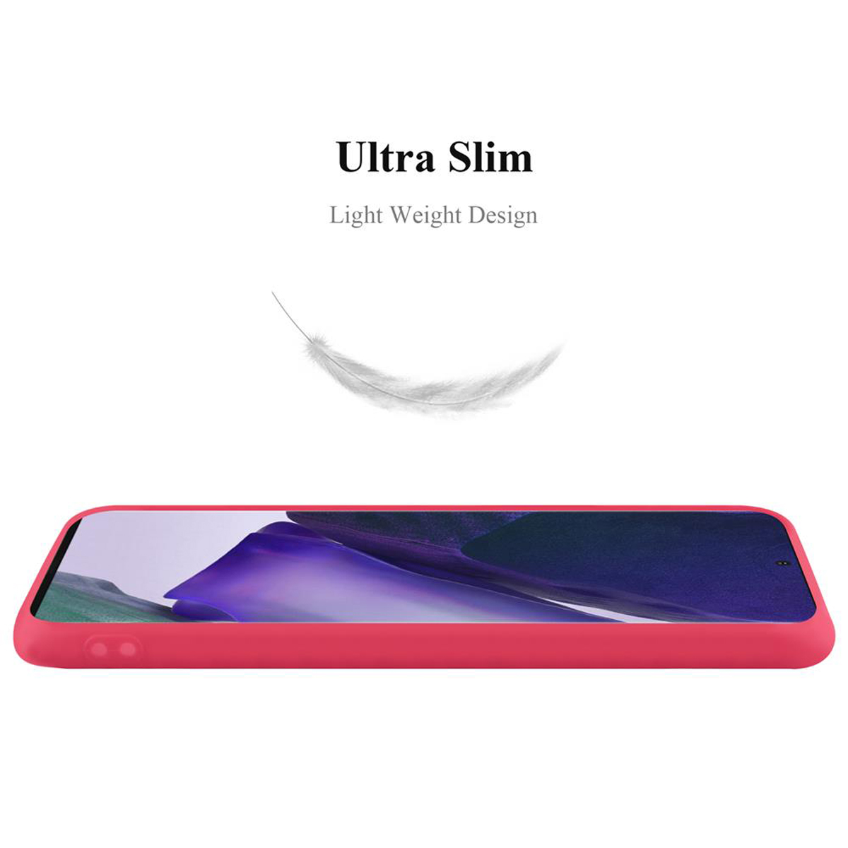 Una custodia per telefono rossa vista lateralmente. Testo: Ultra Slim, Light Weight Design. Una piuma è sopra.