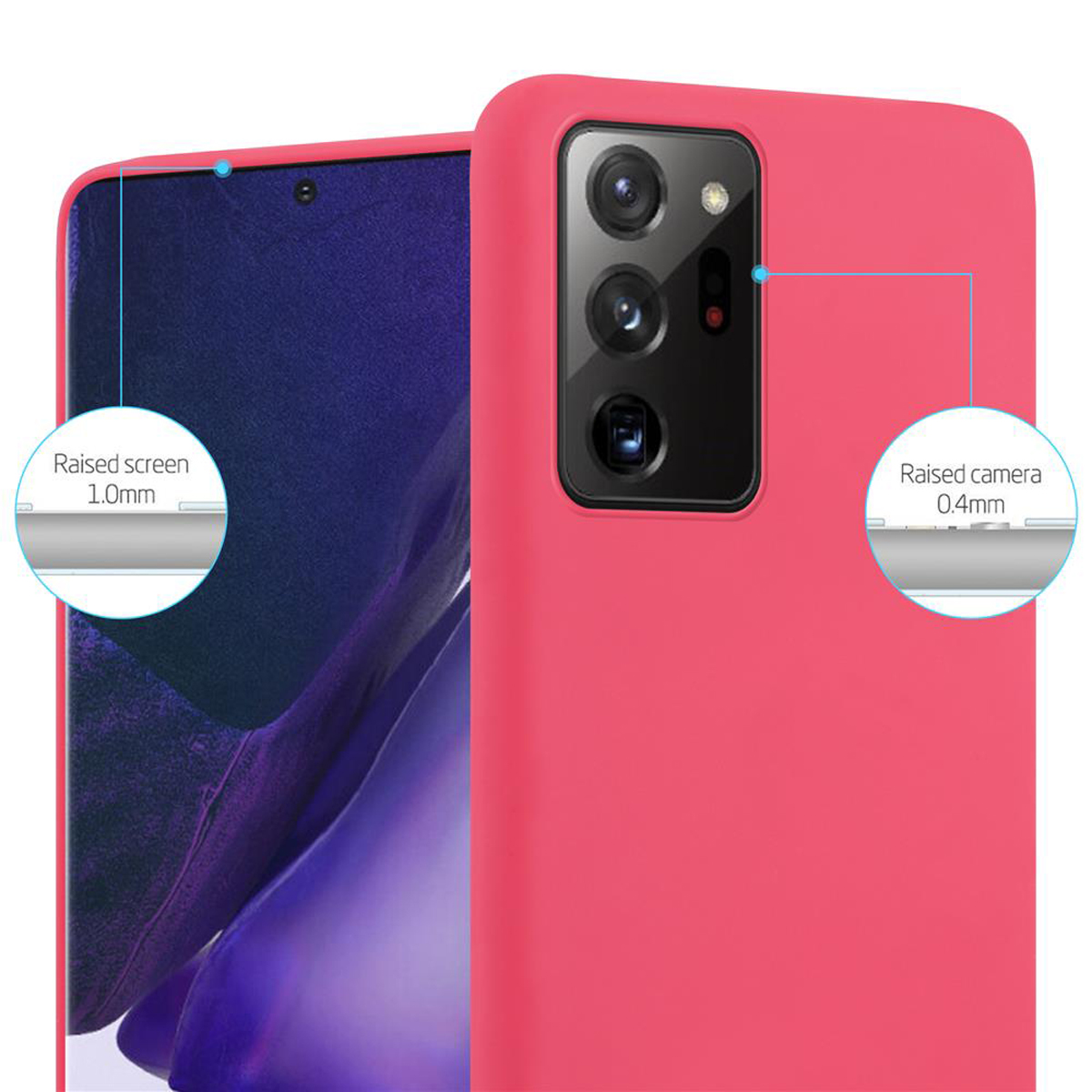 Custodia rossa con protezione schermo e fotocamera rialzate. Il telefono non è visibile.