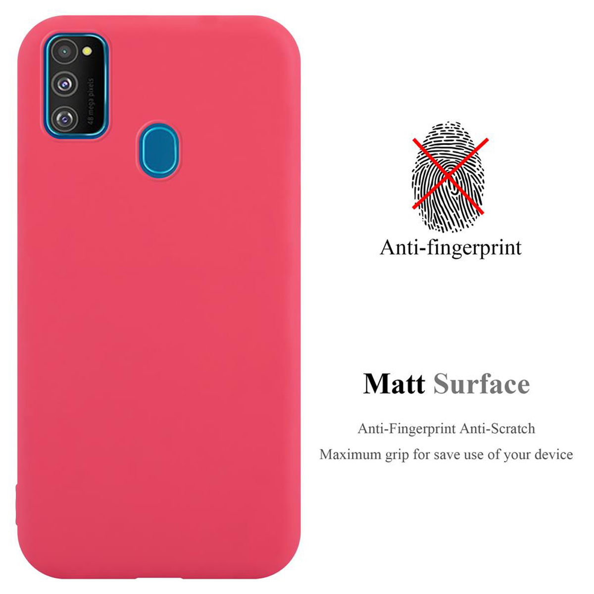 Eine rote Handyhülle mit Text und einem Fingerabdrucksymbol. Es steht 'Matt Surface'.