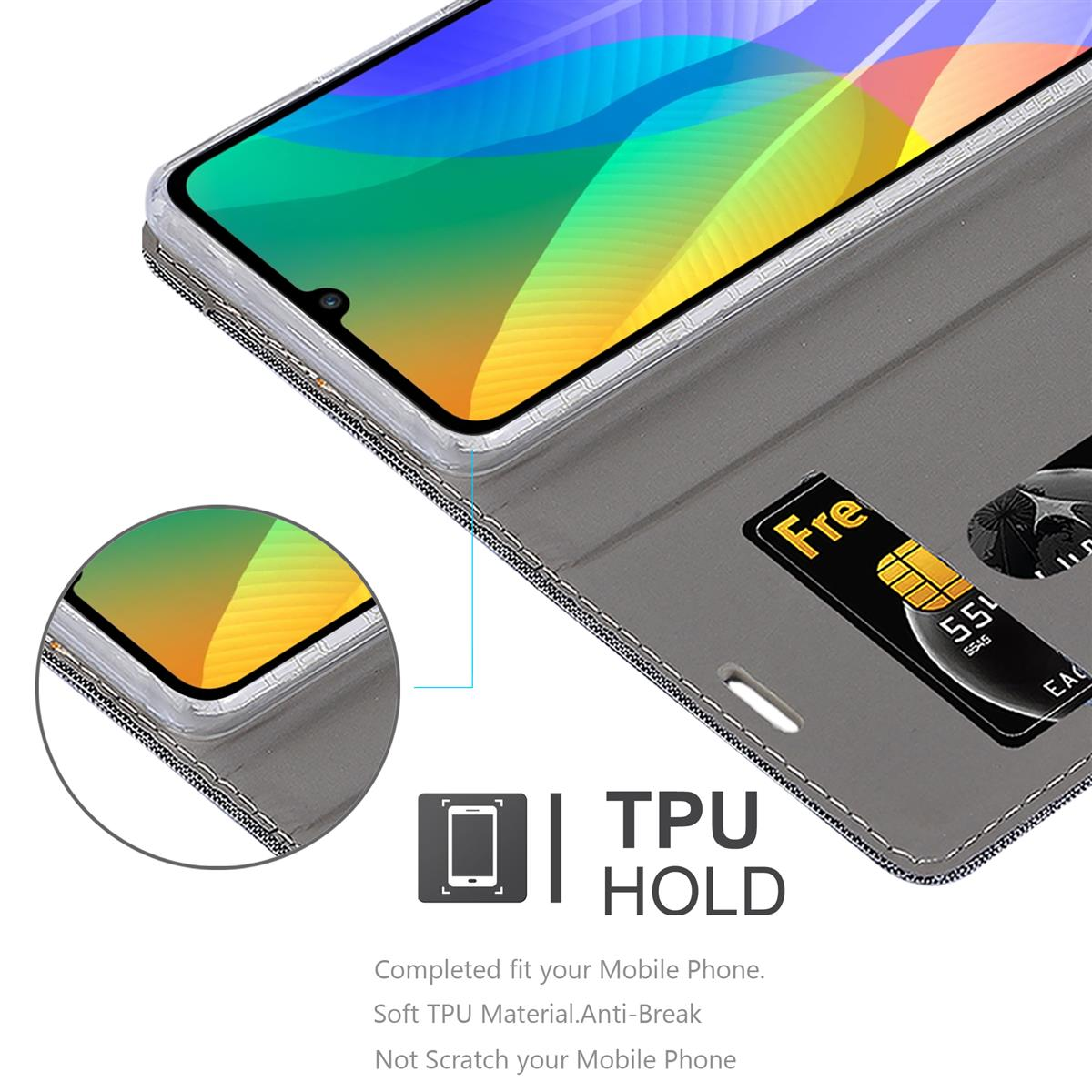 Ein Telefon in einer Hülle mit Kartenhalter. Text lautet 'TPU HOLD'.