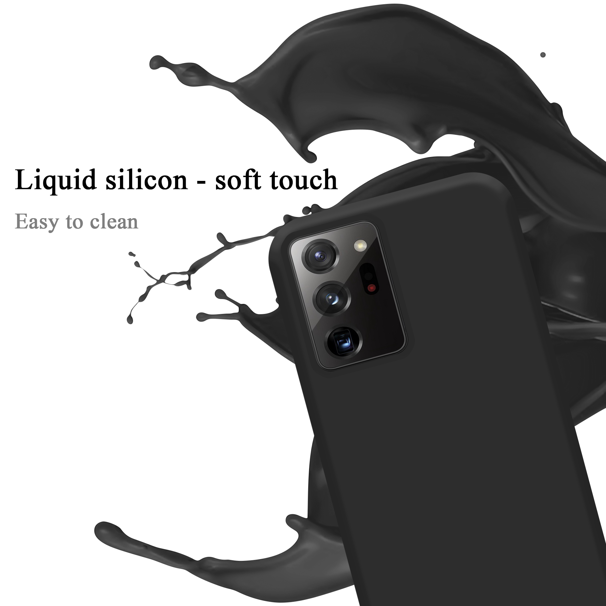 Schwarze Handyhülle mit Flüssigkeitsspritzer, Text Liquid silicon - soft touch.