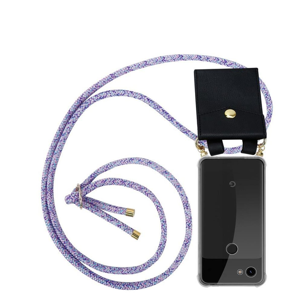 Telefon mit lila Seilgehäuse. Schwarze Ledergeldbörse befestigt. Weißer Hintergrund.