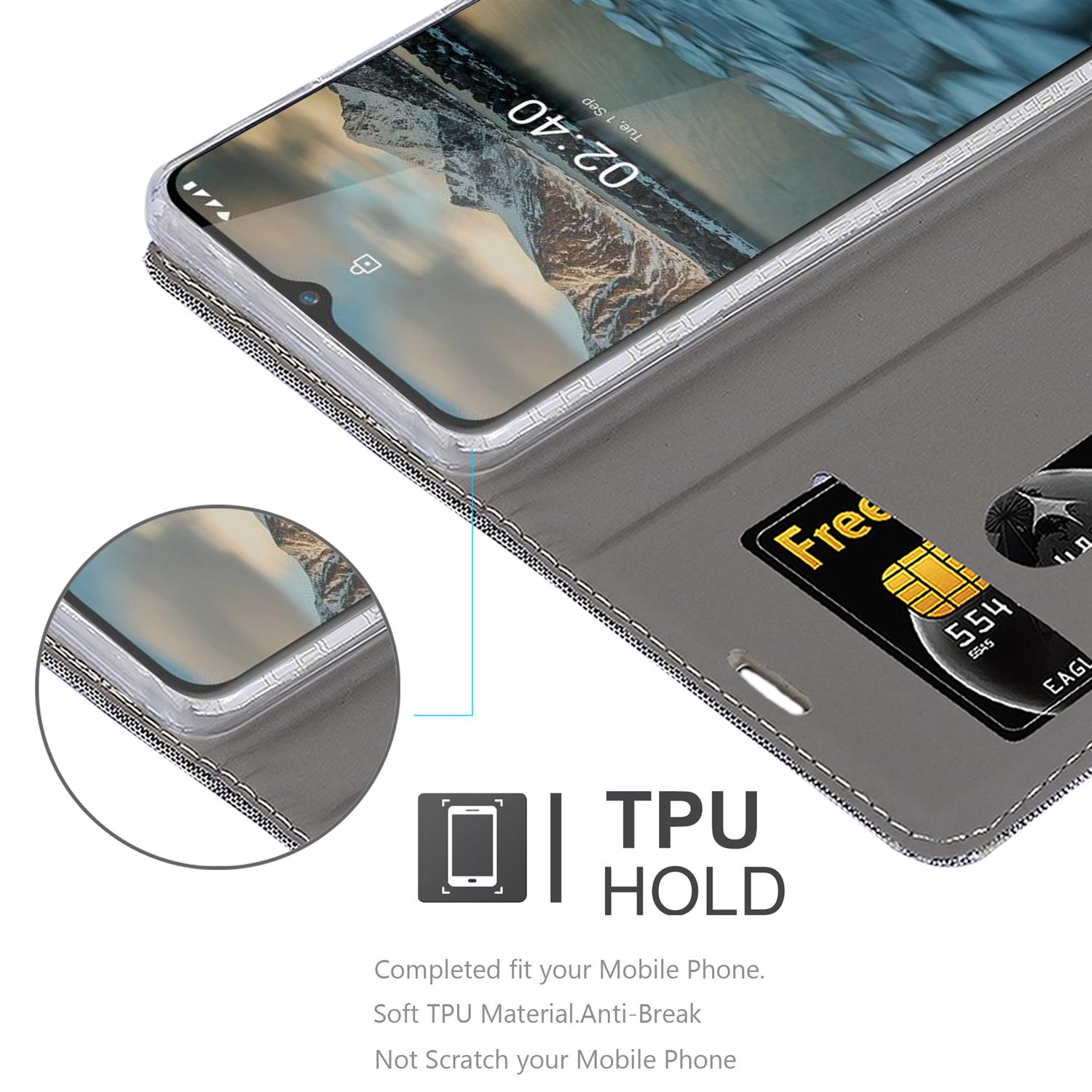 Ein Telefon in einem grauen Gehäuse mit einer sichtbaren Karte. Zeigt eine Uhrzeit und eine Taste.