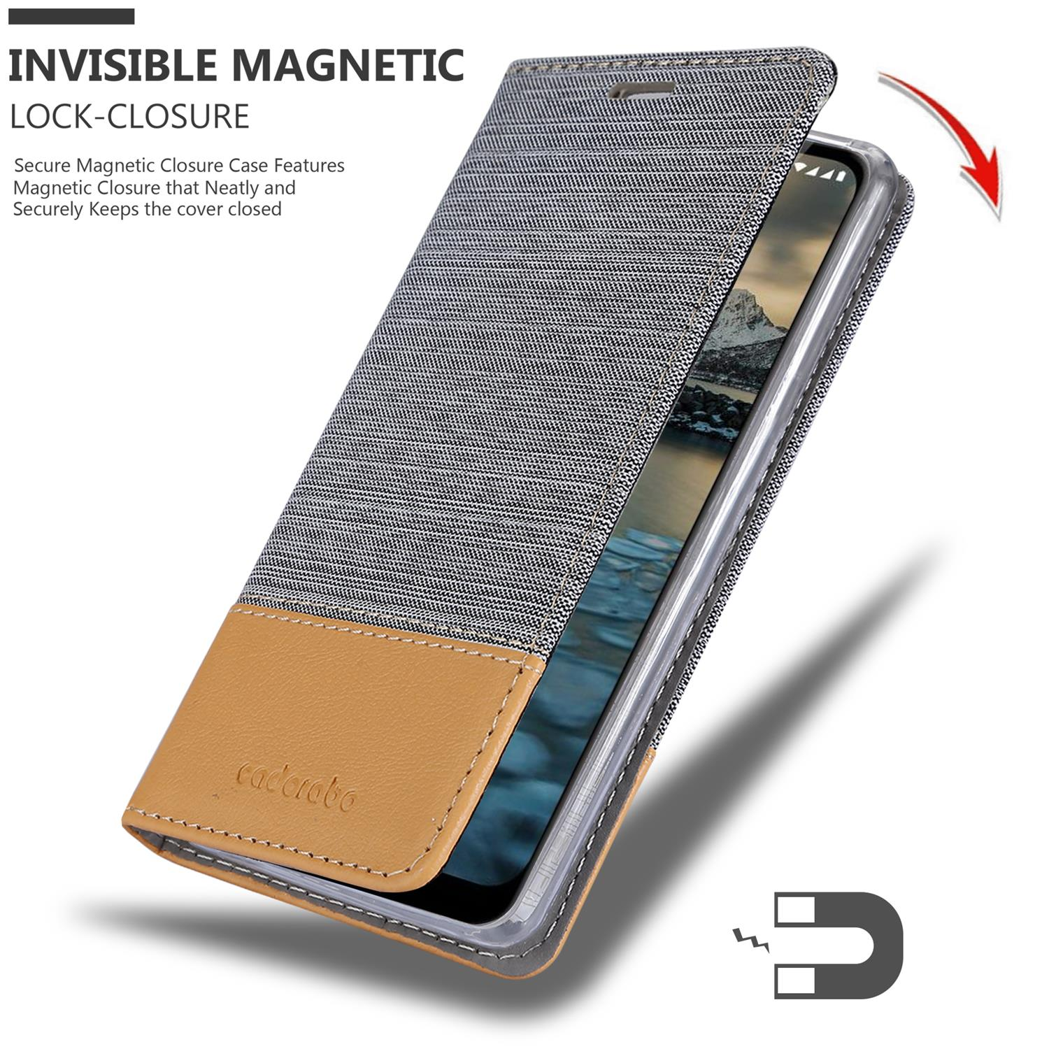 Handyhülle, grauer Stoff und braunes Leder, Magnetverschluss. Telefon teilweise sichtbar.