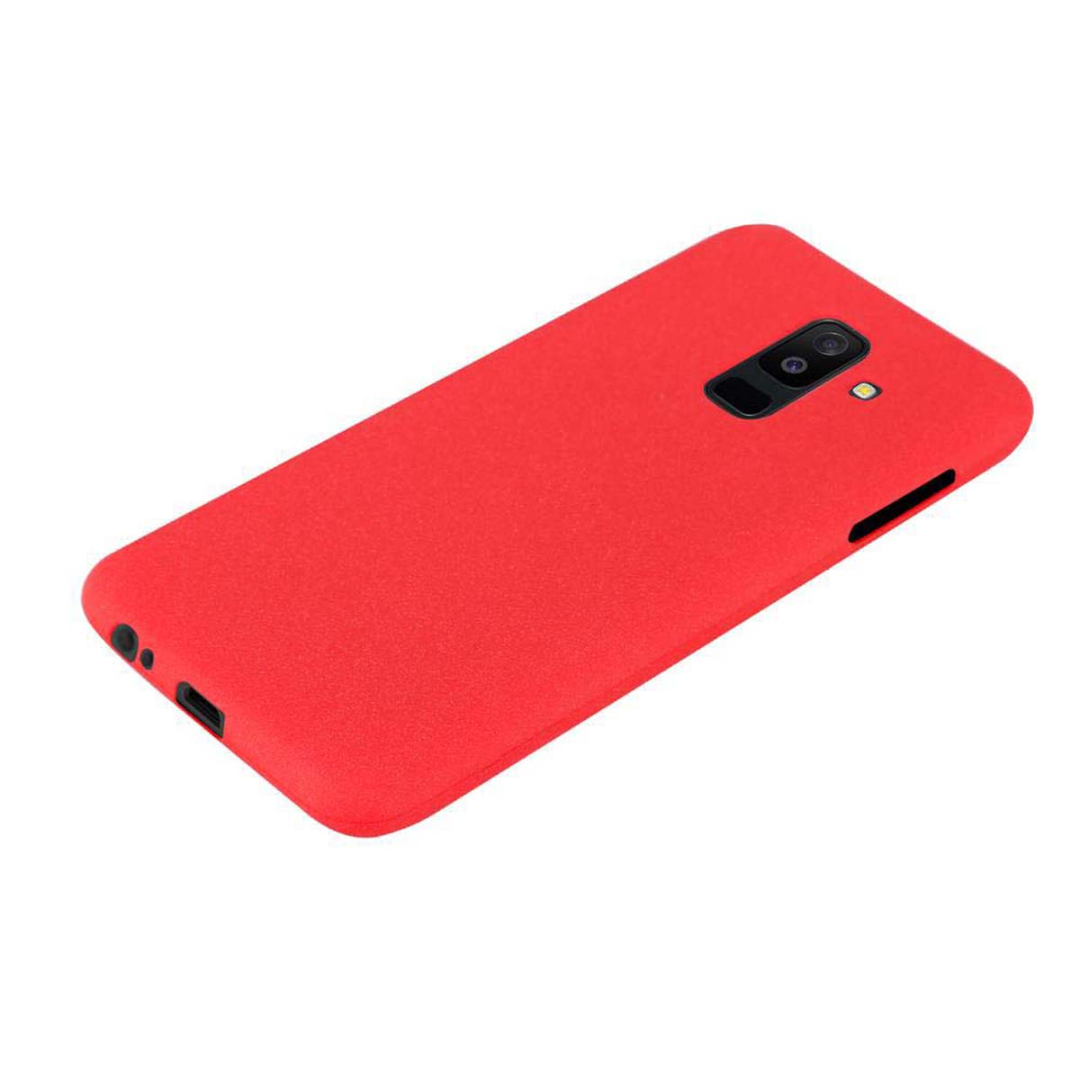 Custodia per telefono rossa. La custodia ha ritagli per fotocamera, pulsanti e porte. Isolato su sfondo bianco.