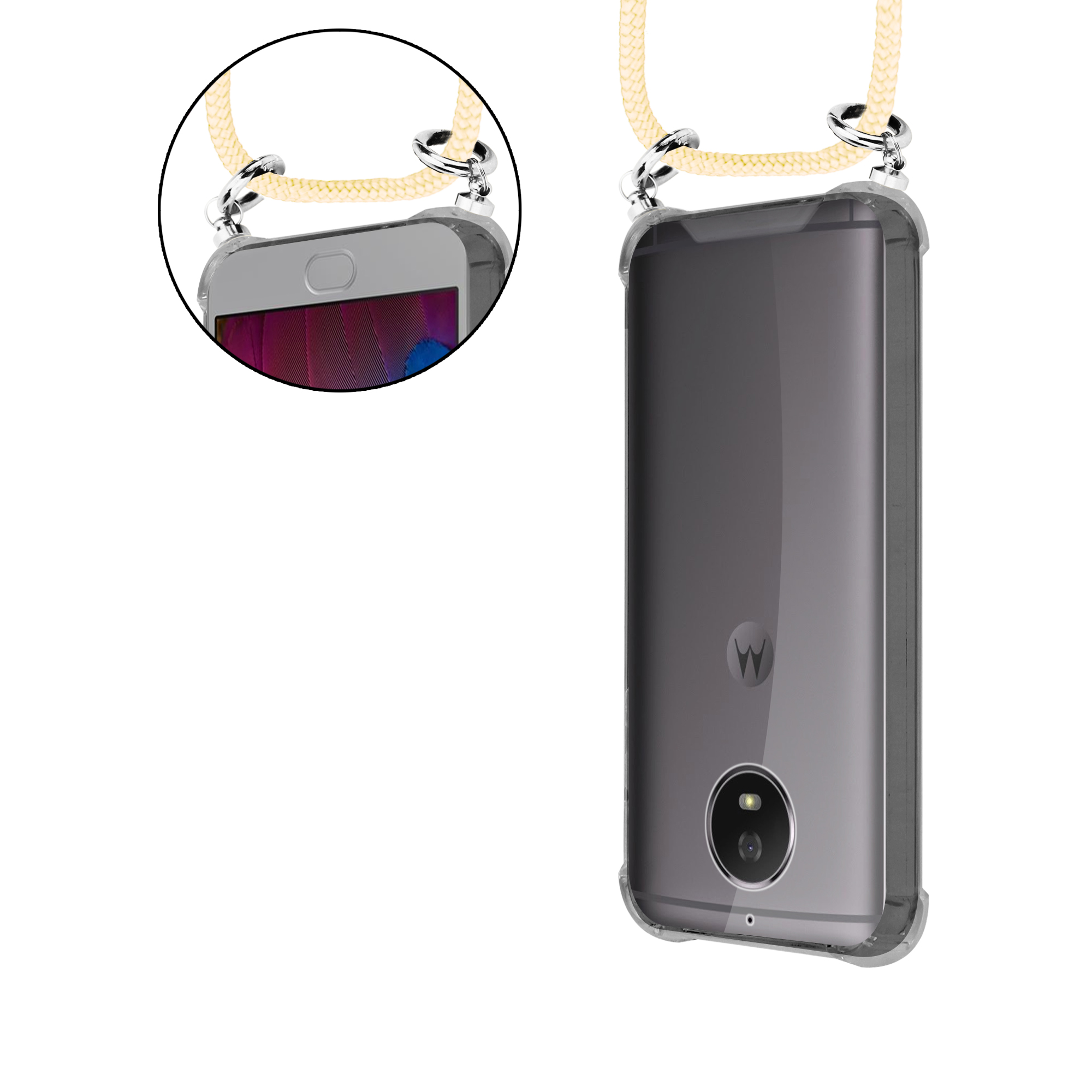 Transparente Handyhülle mit Lanyard. Telefon sichtbar, Nahaufnahme des Lanyard-Befestigung.