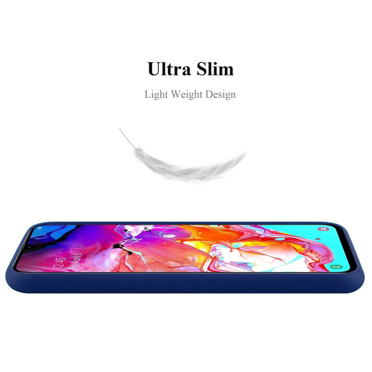 Eine blaue Handyhülle auf weißem Untergrund. Text: Ultra Slim, Light Weight Design. Eine Feder schwebt über dem Telefon.