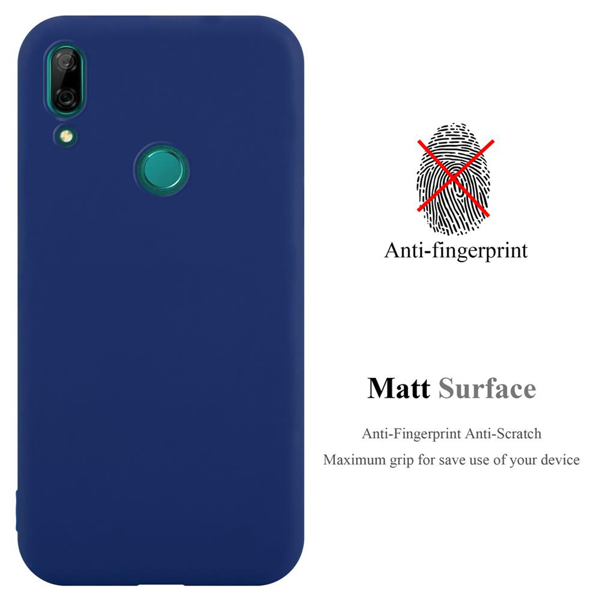 Una custodia per telefono blu scuro. Testo: Anti-impronte e un simbolo di impronta digitale con una X rossa.