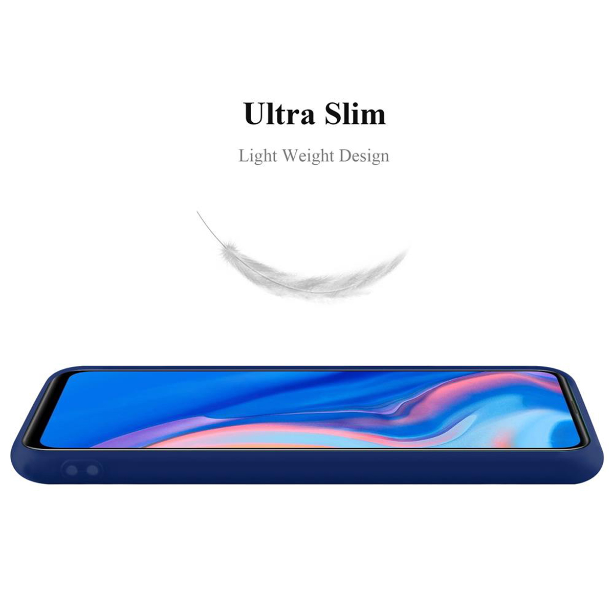 Custodia blu per telefono su bianco con testo: Ultra Slim, Light Weight Design. Piuma fluttuante.